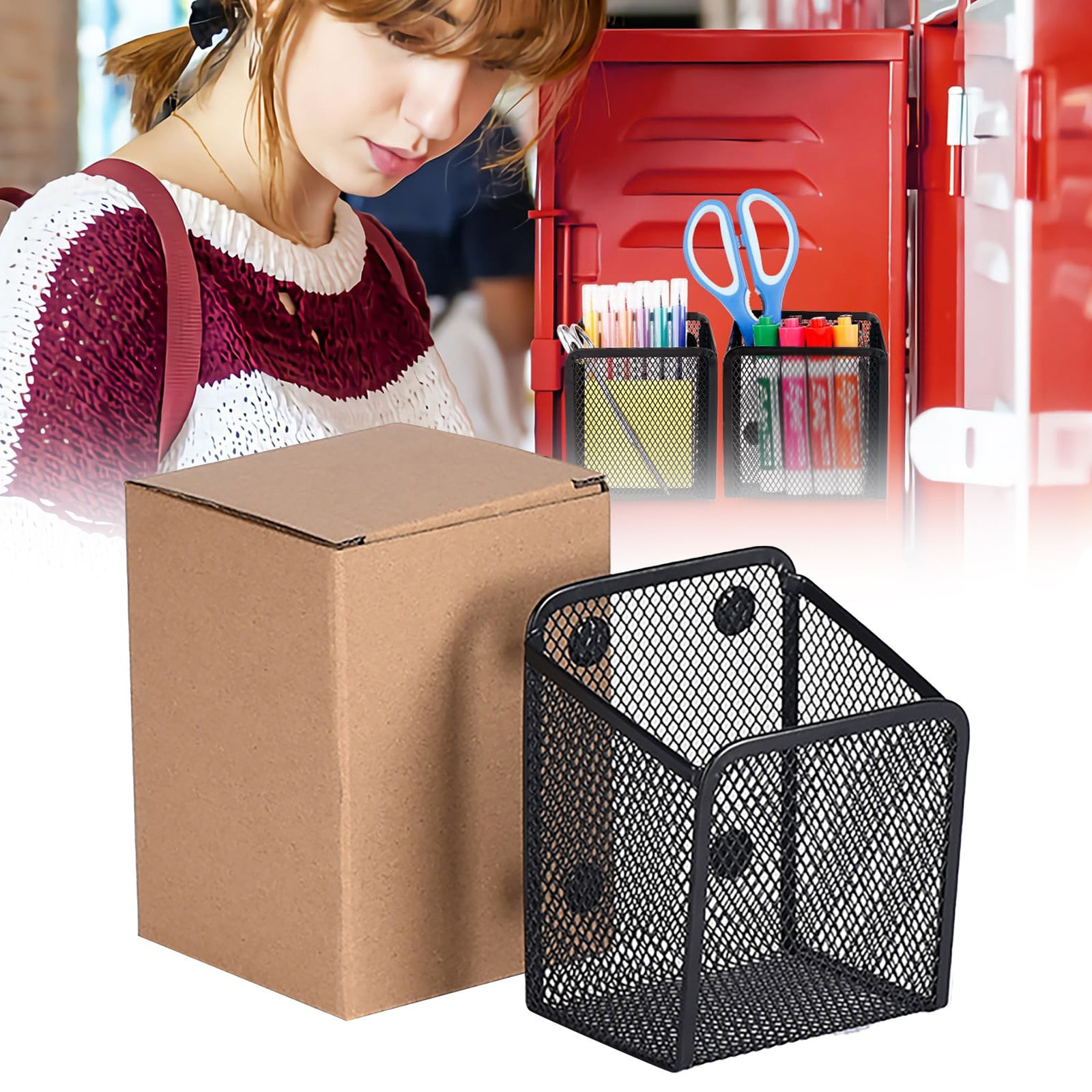 Magnetic Pencil Holder, Magnets Marker Holder, Mesh Storage Basket Organizer with Extra Strong Magnet, Mesh Pen Holder for Refrigerator, Whiteboard, Locker Accessories, Office Supplies, 3.93x3.54x4.9 3.54x3.93x4.92 Black - Image 1