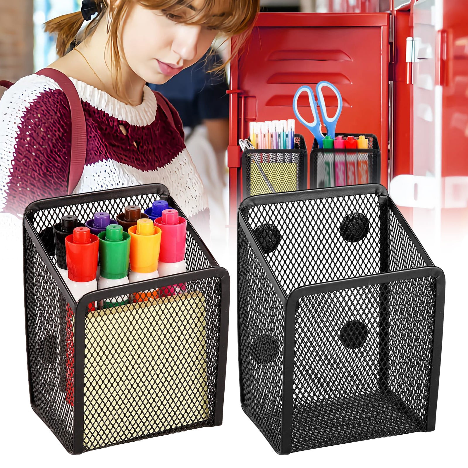 Magnetic Pencil Holder, Magnets Marker Holder, Mesh Storage Basket Organizer with Extra Strong Magnet, Mesh Pen Holder for Refrigerator, Whiteboard, Locker Accessories, Office Supplies, 3.93x3.54x4.9 3.54x3.93x4.92 Black - Image 2