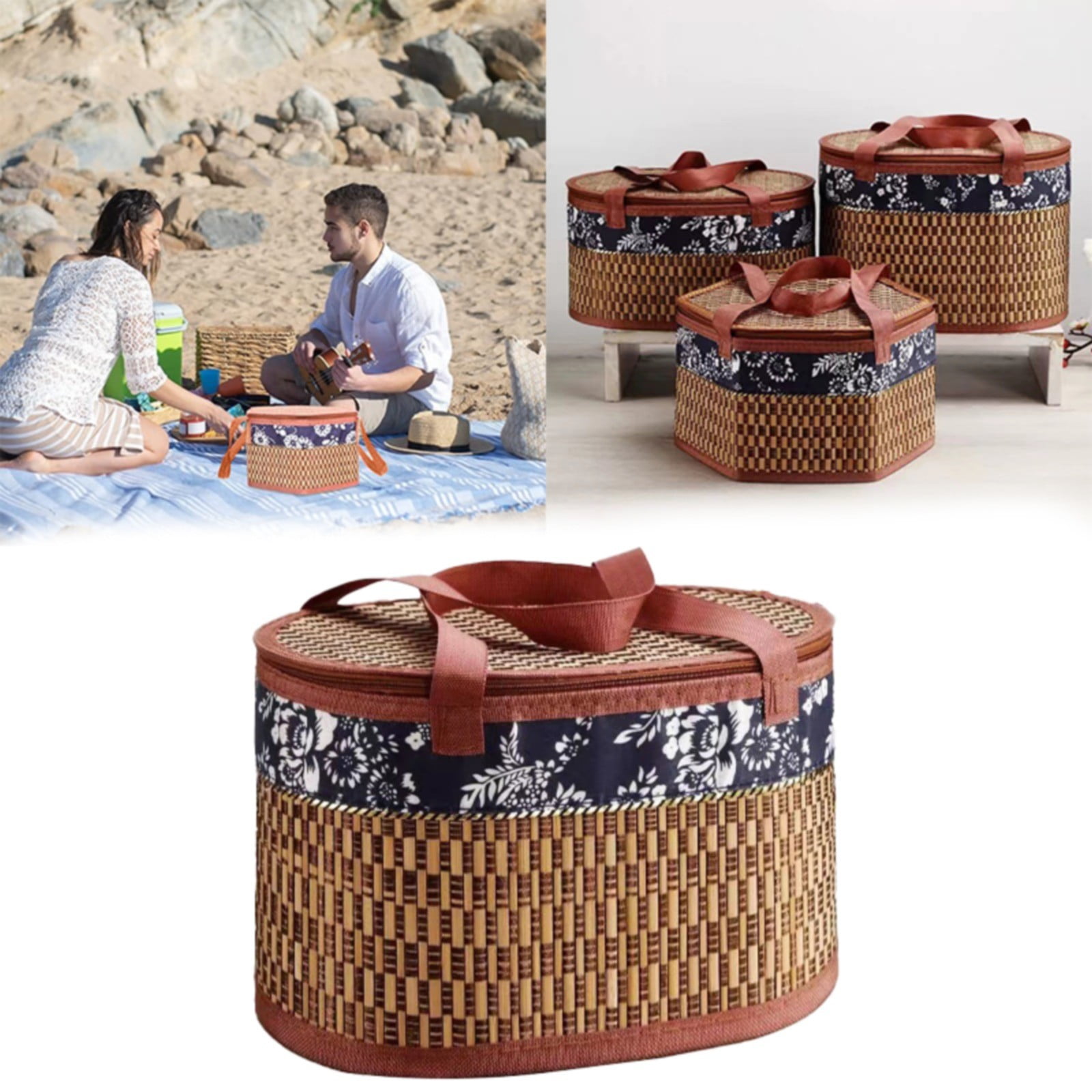 Wicker Basket with Lid,Wicker Picnic Basket with Double Handles,Woven Picnic Storage Rattan Wicker Egg Serving Gift Baskets Food Vintage Organizer Fruit Lid Hyacinth Medium Wicker Basket Brown - Image 2