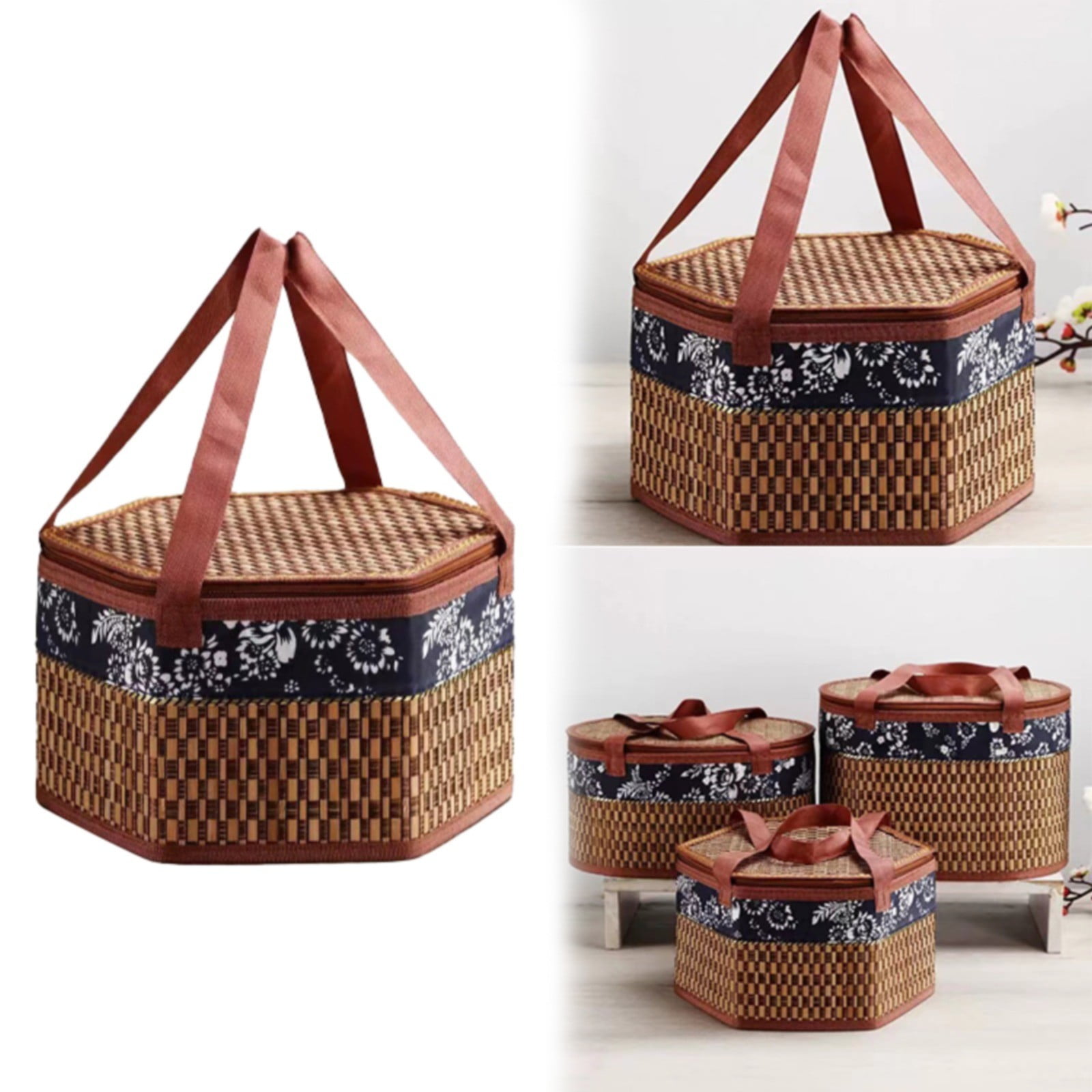 Wicker Basket with Lid,Wicker Picnic Basket with Double Handles,Woven Picnic Storage Rattan Wicker Egg Serving Gift Baskets Food Vintage Organizer Fruit Lid Hyacinth Medium Wicker Basket,Brown Khaki - Image 2