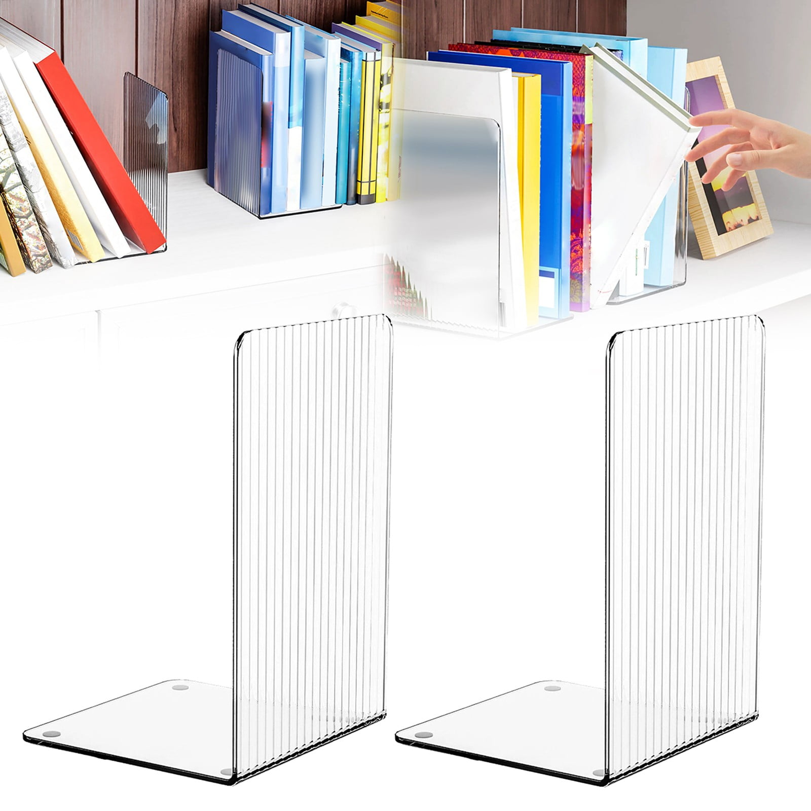 Non-Slip Bookends, Acrylic Book Ends for Shelves Clear Decorative Bookends Non-Skid Heavy Duty Bookend Book Holders/Stoppers (2 Pair/4 Pieces) 5x5x7.3 4.7x4.7x7.3