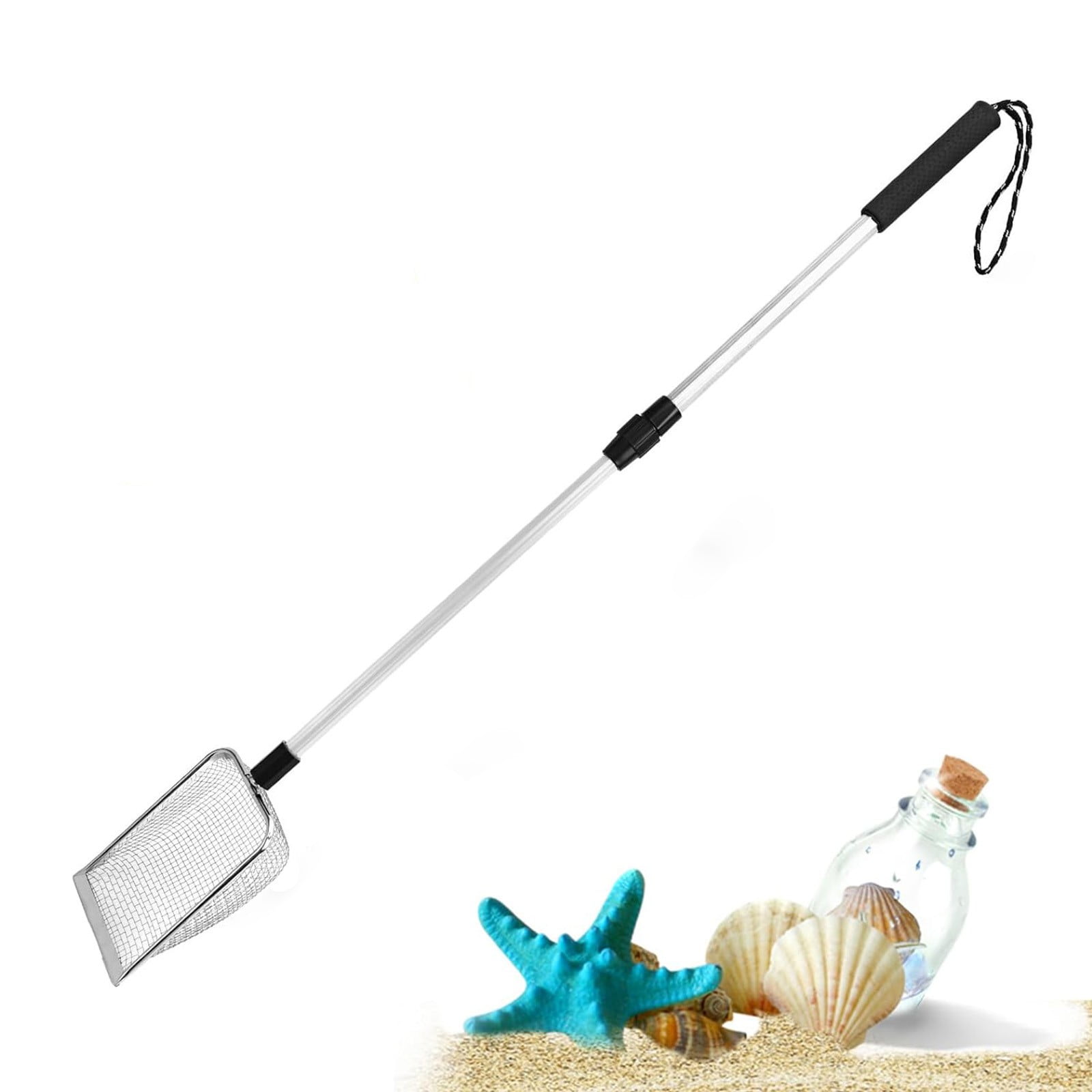 Shark Tooth Sifter, Beach Sand Sifter, Shell Scooper for Beach, Sand Dipper Shovel and Shelling Tools with Retractable Long Handle for Adults, 35.43x3.93 35.43