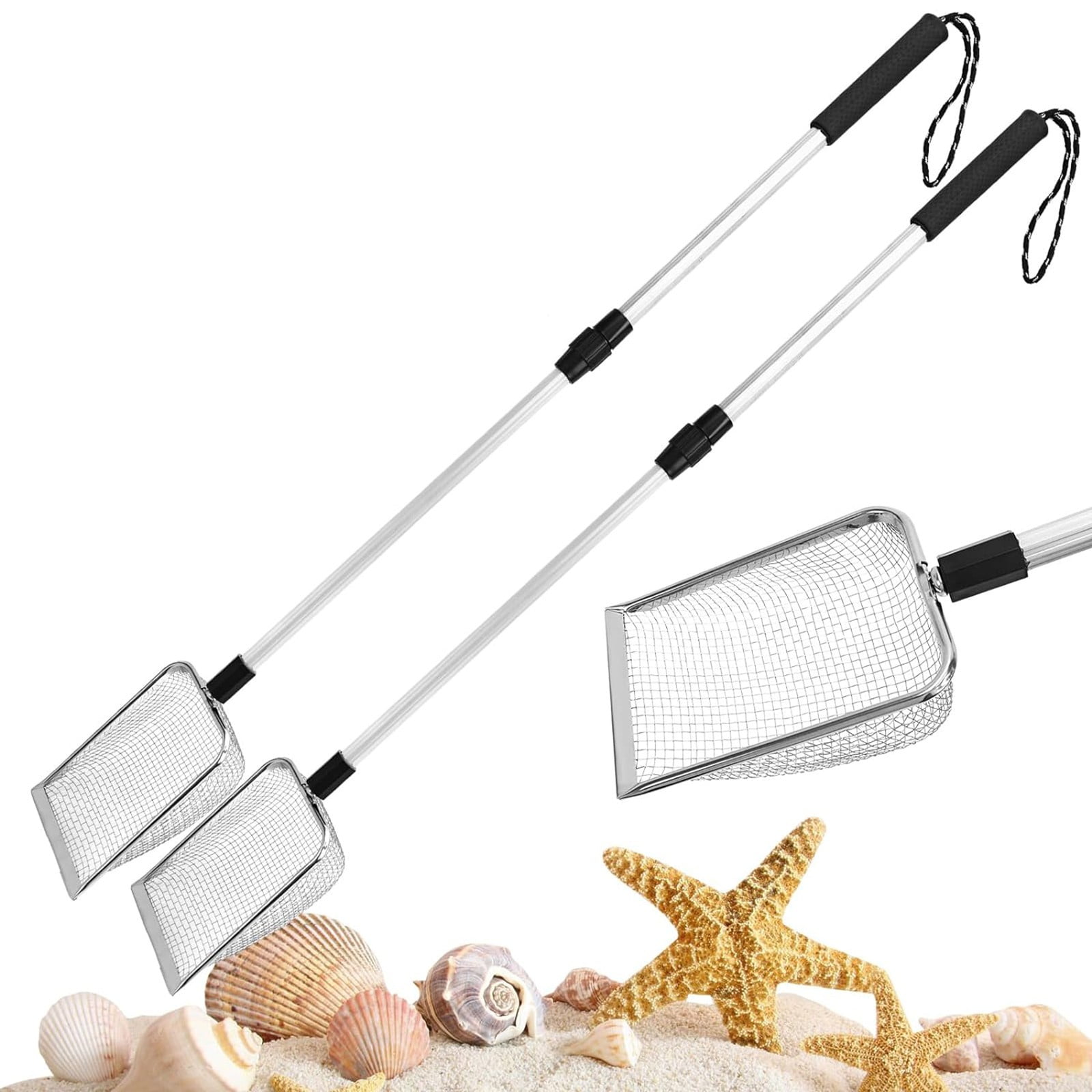 Shark Tooth Sifter, Beach Sand Sifter, Shell Scooper for Beach, Sand Dipper Shovel and Shelling Tools with Retractable Long Handle for Adults, 35.43x3.93 35.43