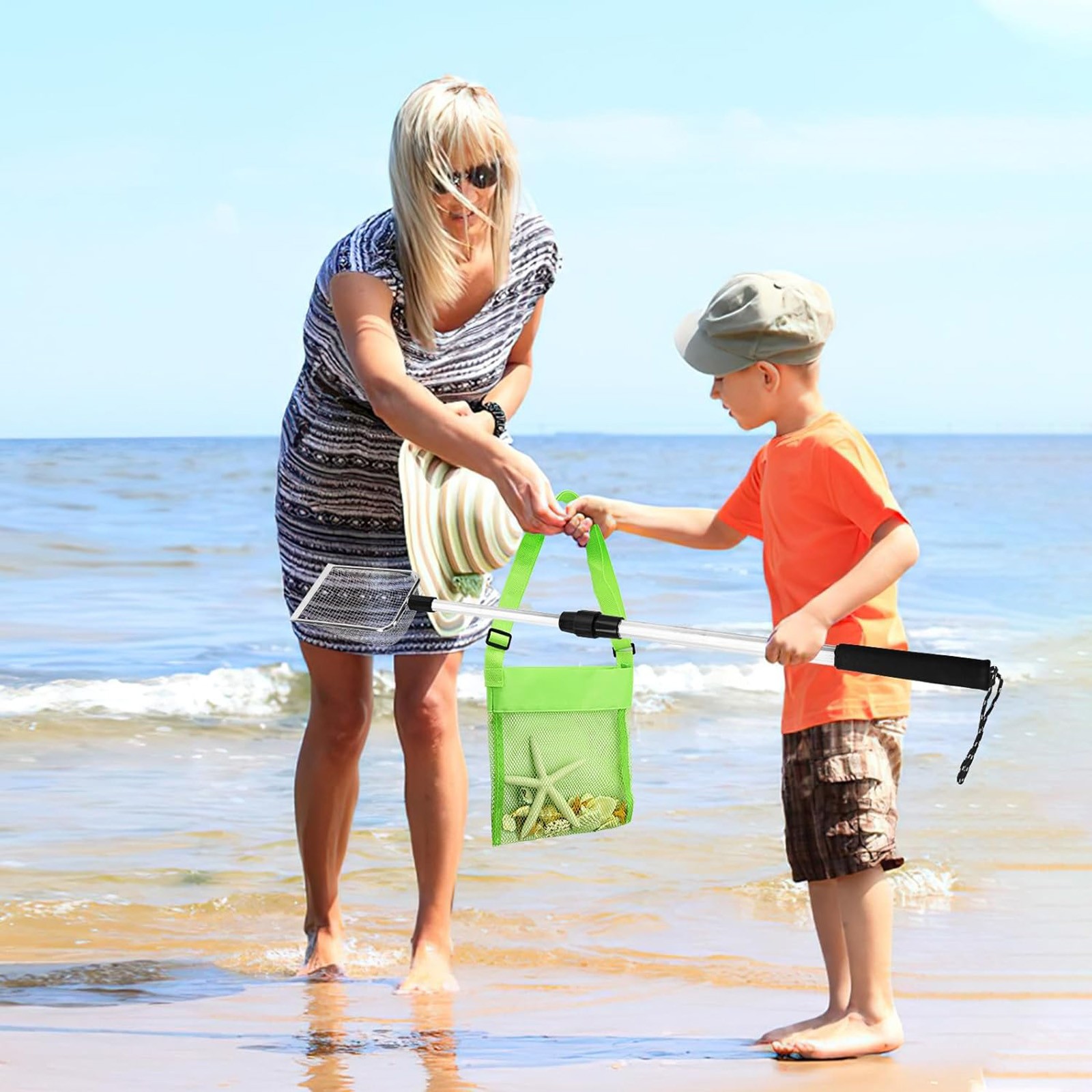 Shark Tooth Sifter, Beach Sand Sifter, Shell Scooper for Beach, Sand Dipper Shovel and Shelling Tools with Retractable Long Handle for Adults, 35.43x3.93 35.43