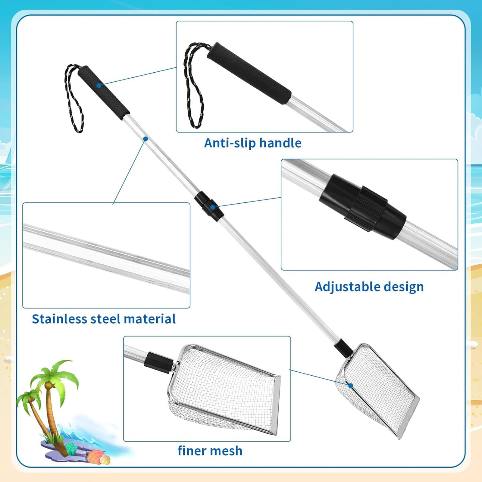 Shark Tooth Sifter, Beach Sand Sifter, Shell Scooper for Beach, Sand Dipper Shovel and Shelling Tools with Retractable Long Handle for Adults, 35.43x3.93 35.43