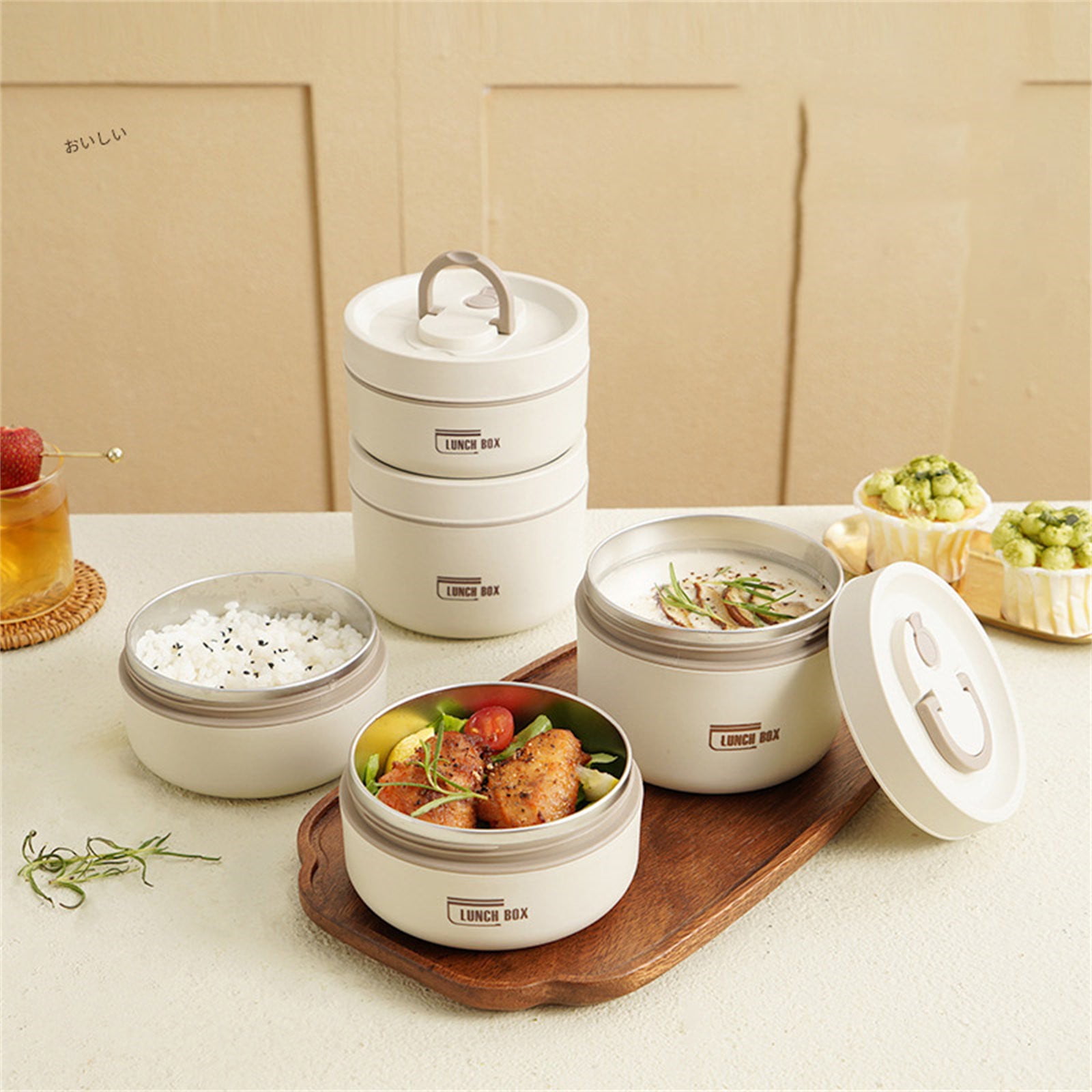 Thermo Food Jar for Hot Food Adults Soup Thermo Lunch Containers Wide Mouth Vacuum Insulated Stainless Steel Leakproof Bento Box– Leak-Proof Single Compartment,BPA-Free(Brown,4.5x4.5x2.6