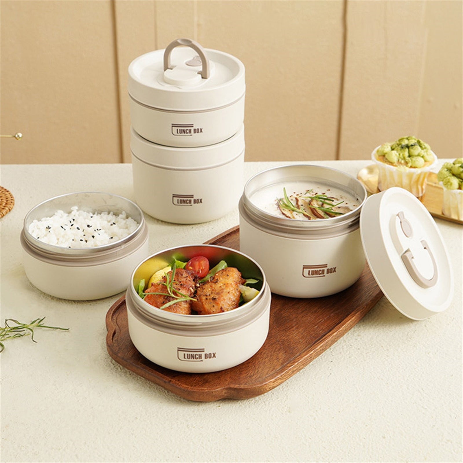 Thermo Food Jar for Hot Food Adults Soup Thermo Lunch Containers Wide Mouth Vacuum Insulated Stainless Steel Leakproof Bento Box– Leak-Proof Single Compartment,BPA-Free(Brown,4.5x4.5x2.6
