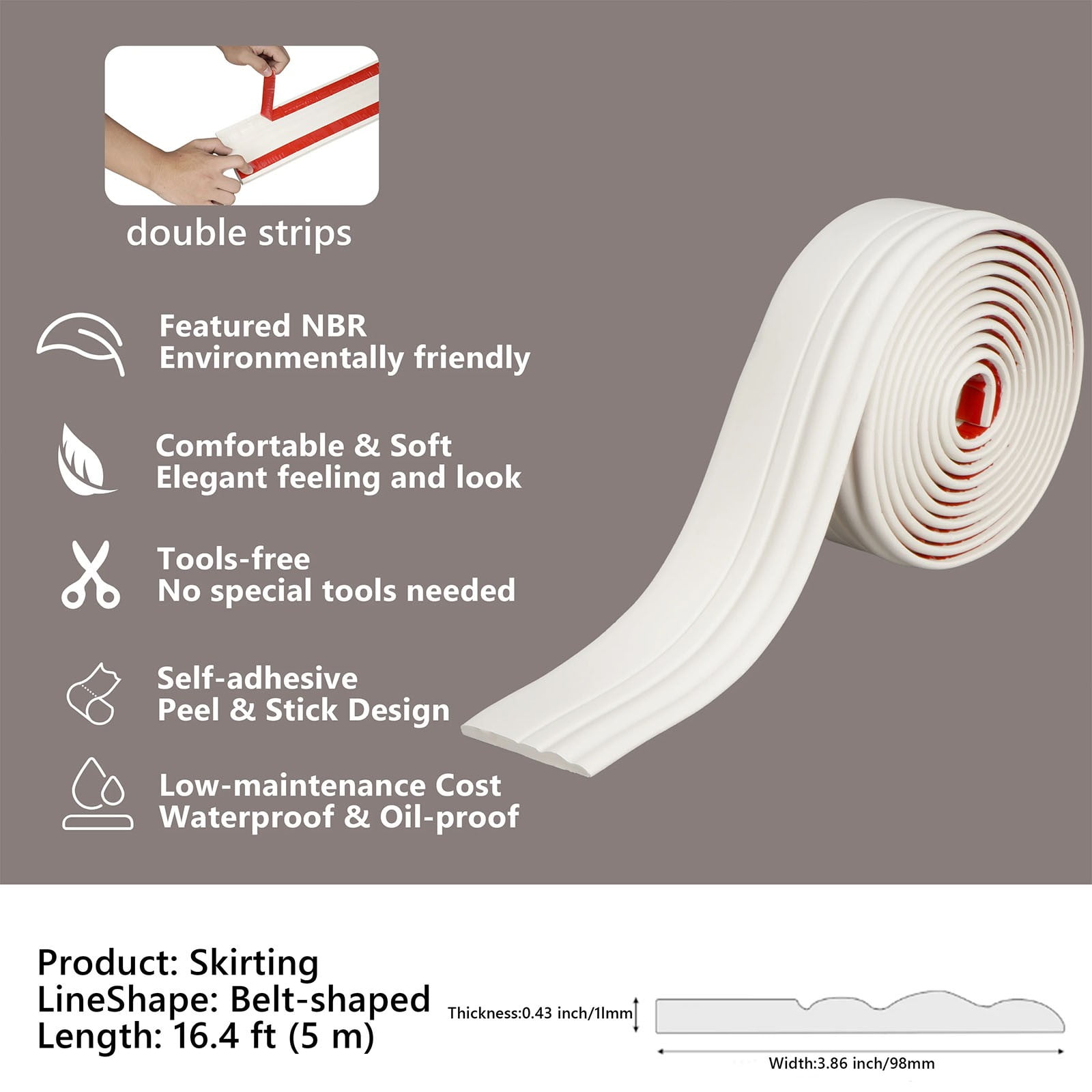 Flexible Wall Base Moulding Trim, Peel and Stick Rubber Baseboard Molding, 3.86 Inch x 16.4 Feet Self-Adhesive Vinyl Wall Base Cove Base (Creamy White) 3.86 Inch x 16.4 Feet White - Image 7