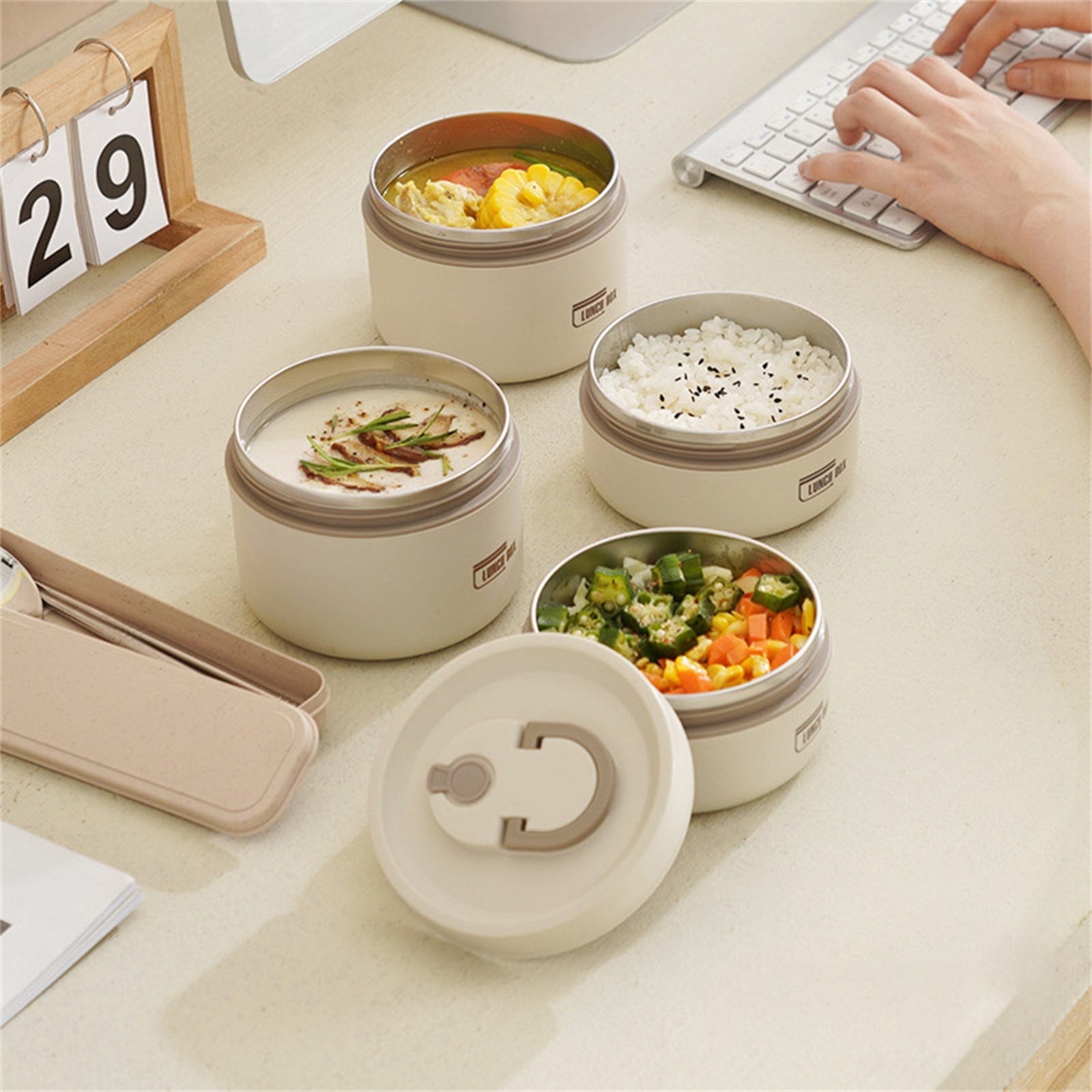 Home Portable Insulated Bento Lunch Box Set for Adult, 4Sizes Vacuum lunch box, to Keep Food Warm or Cool, Thermal Food Containers for Fruits and Sauces, Durable and Leak-Proof(Brown,4.5x4.5x3.6