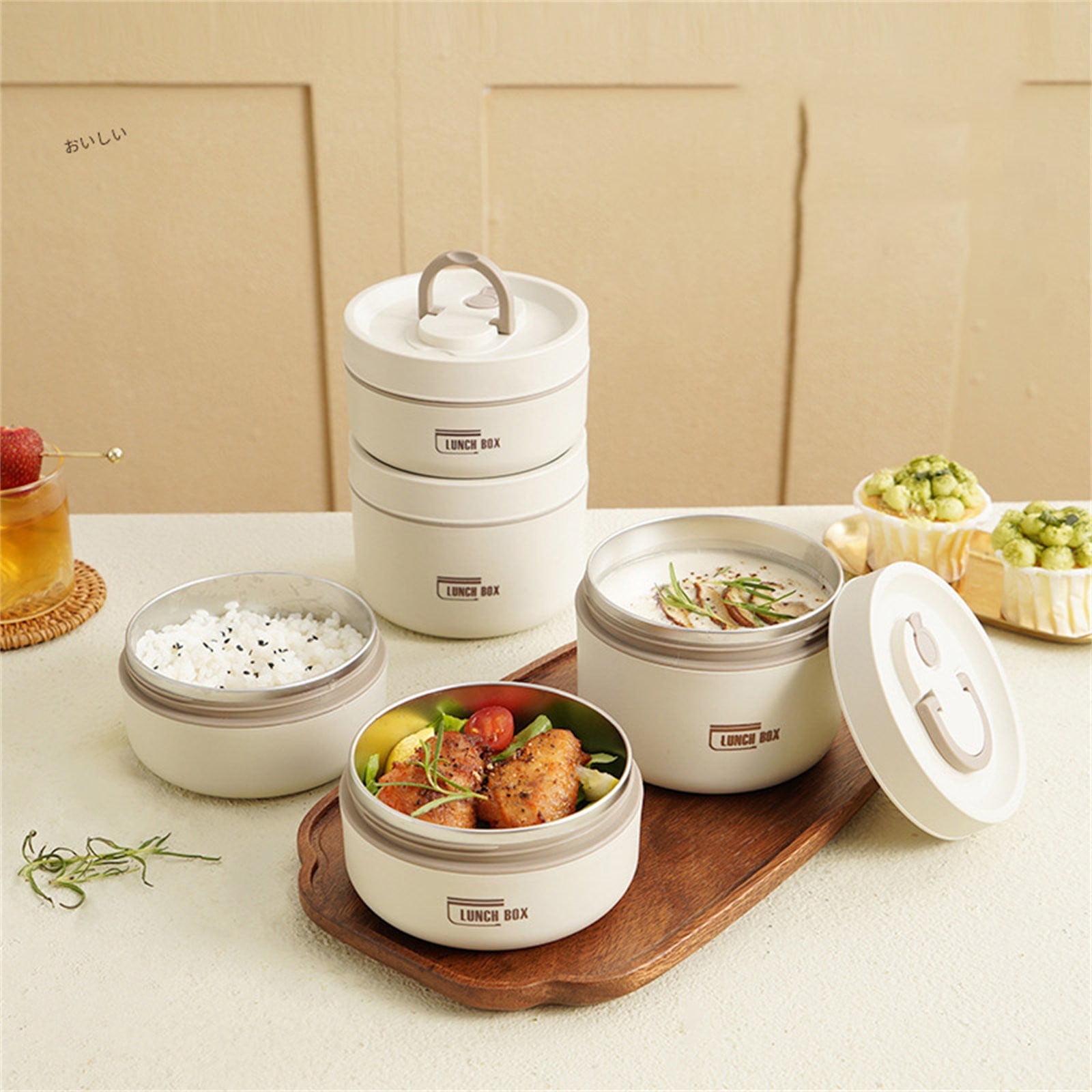 Home Portable Insulated Bento Lunch Box Set for Adult, 4Sizes Vacuum lunch box, to Keep Food Warm or Cool, Thermal Food Containers for Fruits and Sauces, Durable and Leak-Proof(Brown,4.5x4.5x3.6