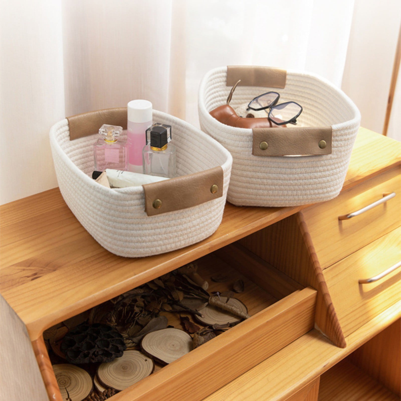 Cotton Woven Basket with PU Leather Handle, Clothes Toys Candy Gifts Cotton Rope Organizer, Living Room Basket Bathroom Shower Storage Laundry Basket, Dog Cat Bed, Fall Basket, 11.02x8.66x4.33 11.02