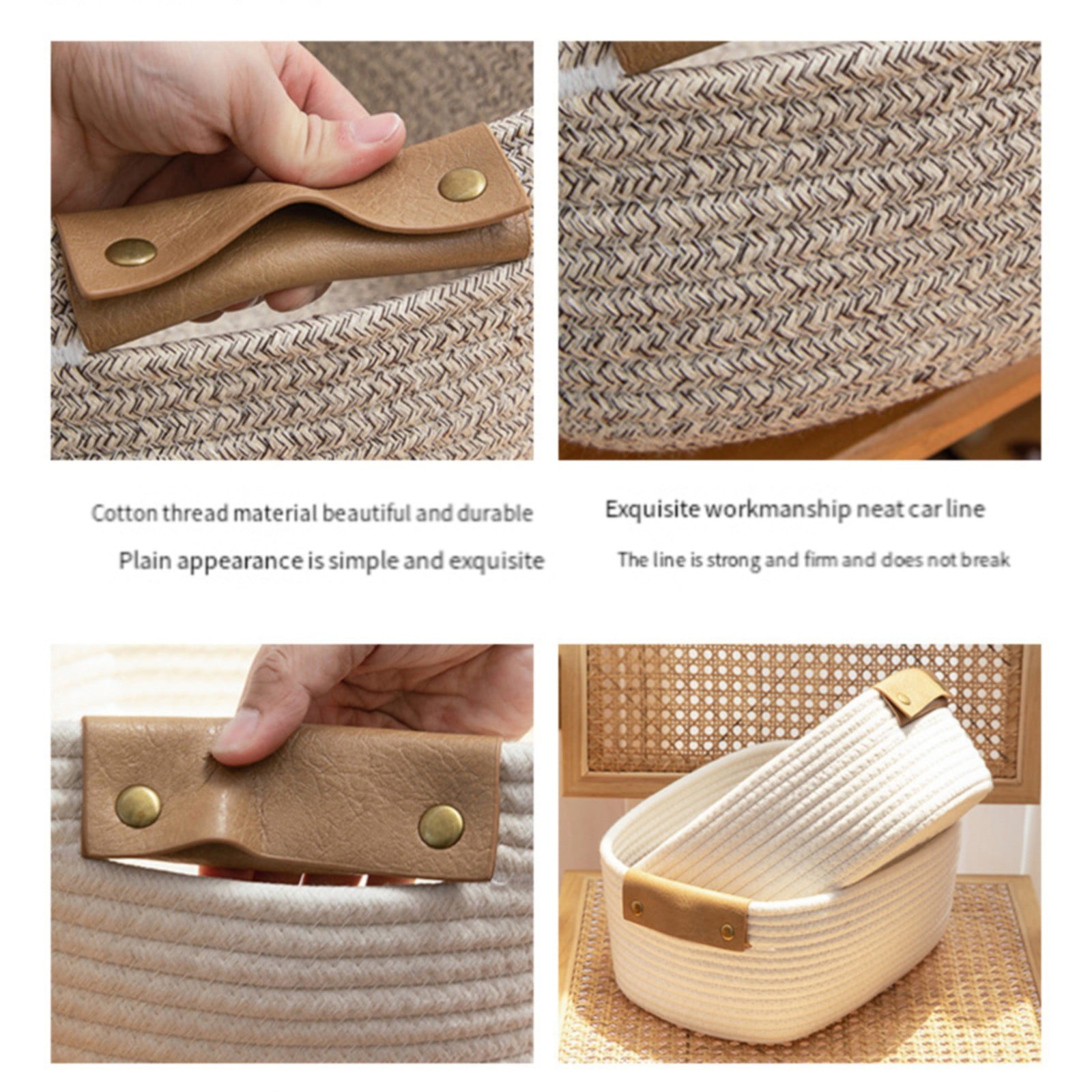 Cotton Woven Basket with PU Leather Handle, Clothes Toys Candy Gifts Cotton Rope Organizer, Living Room Basket Bathroom Shower Storage Laundry Basket, Dog Cat Bed, Fall Basket, 11.02x8.66x4.33 11.02