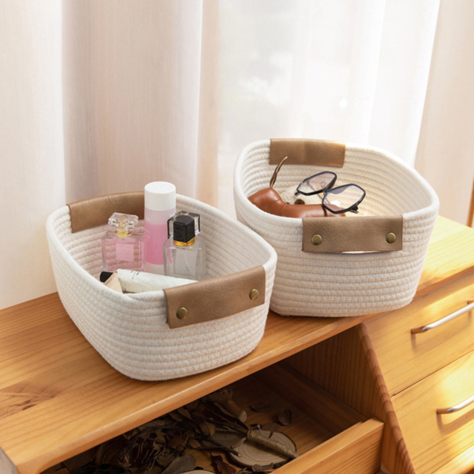 Cotton Woven Basket with PU Leather Handle, Clothes Toys Candy Gifts Cotton Rope Organizer, Living Room Basket Bathroom Shower Storage Laundry Basket, Dog Cat Bed, Fall Basket, 11.02x8.66x4.33 11.02