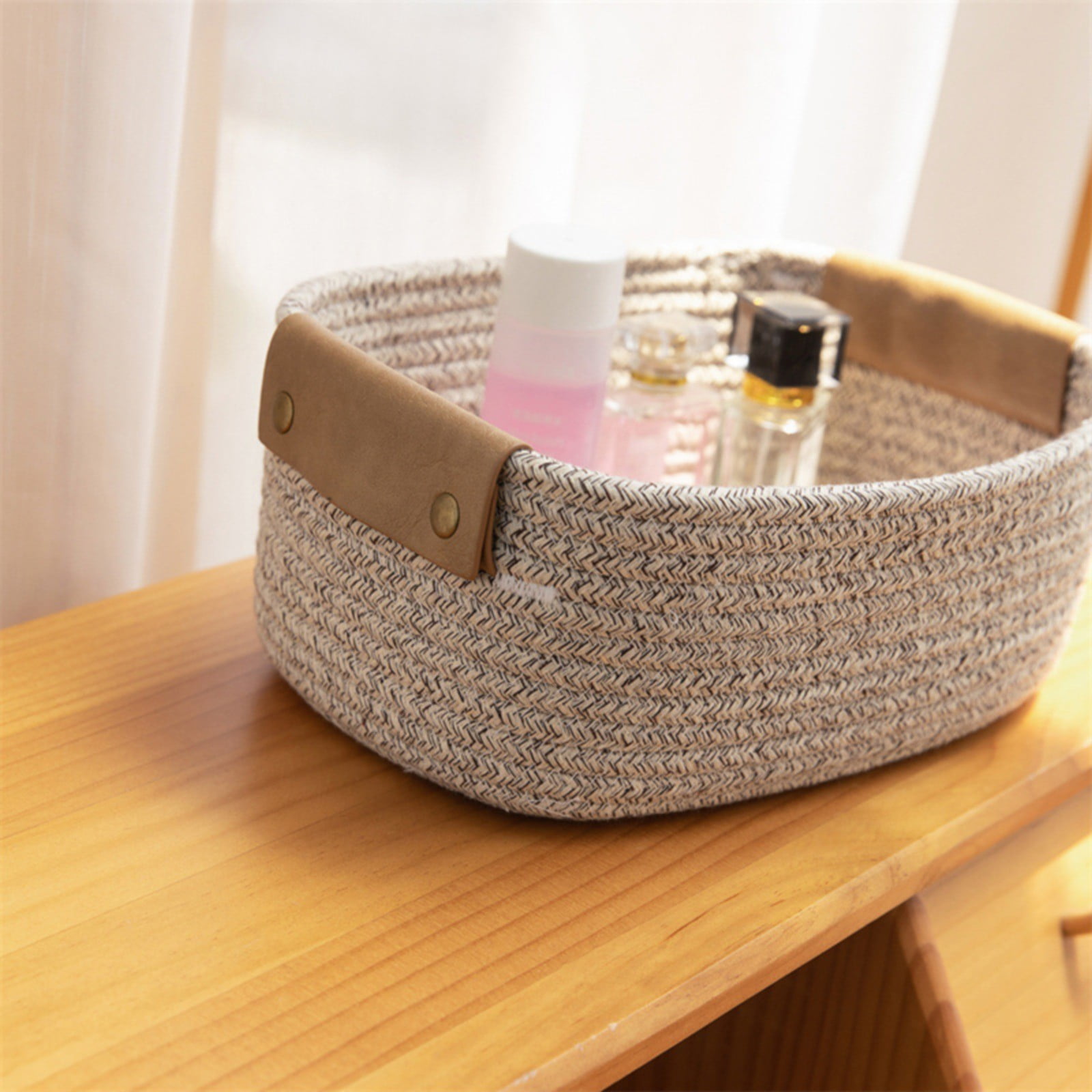 Cotton Woven Basket with PU Leather Handle, Clothes Toys Candy Gifts Cotton Rope Organizer, Living Room Basket Bathroom Shower Storage Laundry Basket, Dog Cat Bed, Fall Basket, 11.02x8.66x4.33 12.59