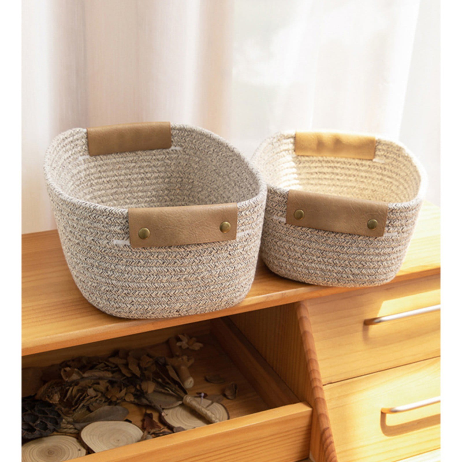 Cotton Woven Basket with PU Leather Handle, Clothes Toys Candy Gifts Cotton Rope Organizer, Living Room Basket Bathroom Shower Storage Laundry Basket, Dog Cat Bed, Fall Basket, 11.02x8.66x4.33 12.59