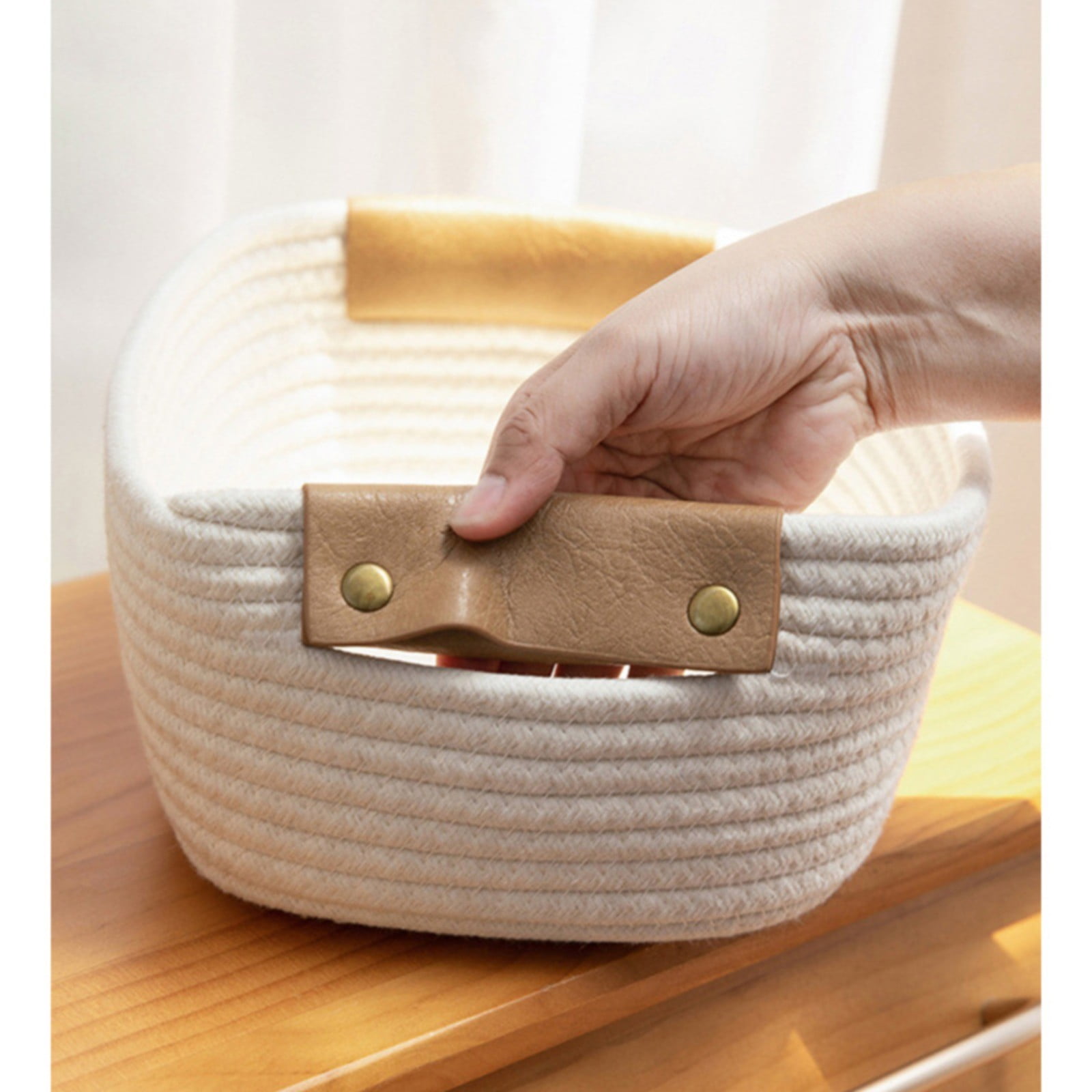 Cotton Woven Basket with PU Leather Handle, Clothes Toys Candy Gifts Cotton Rope Organizer, Living Room Basket Bathroom Shower Storage Laundry Basket, Dog Cat Bed, Fall Basket, 11.02x8.66x4.33 12.59