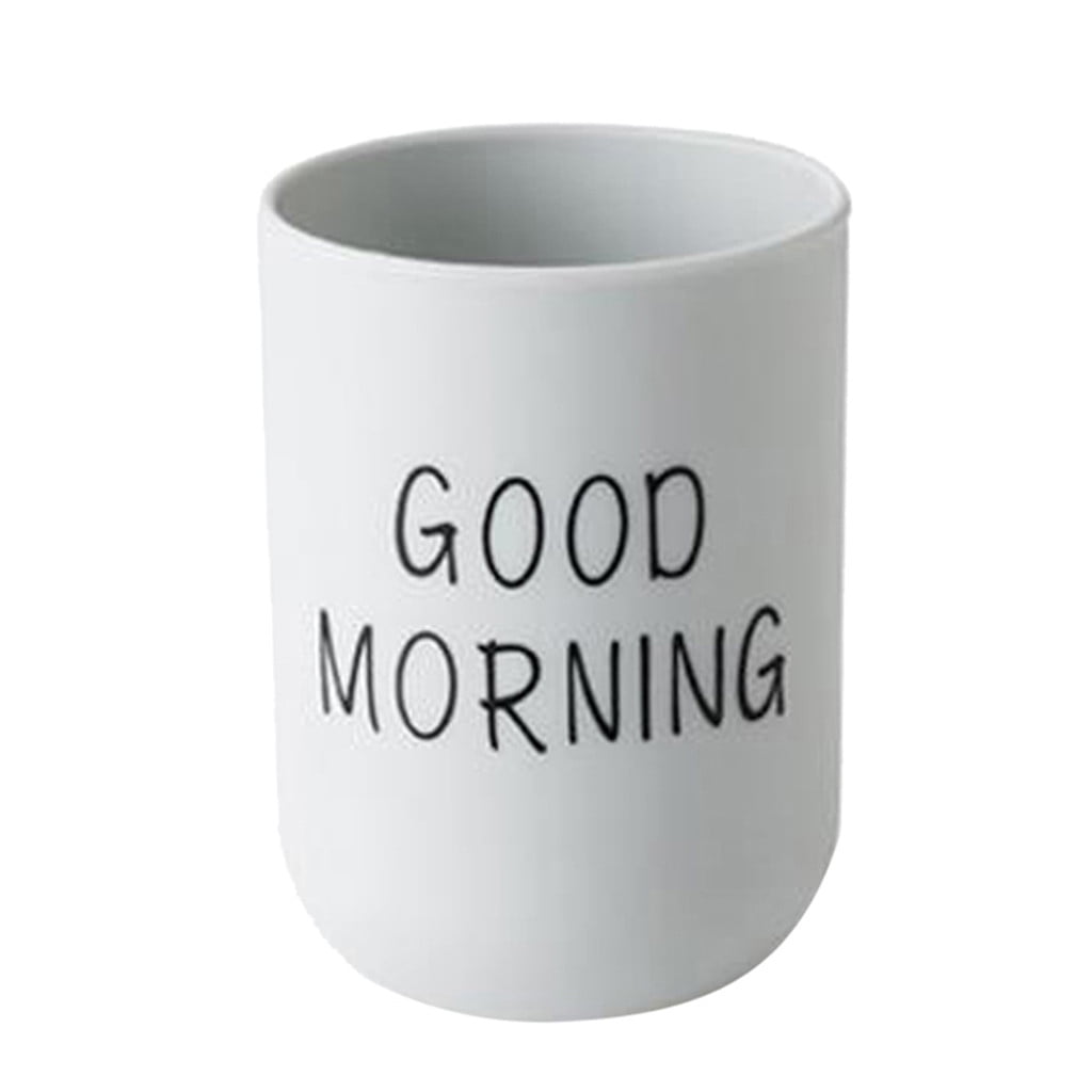1PC Unbreakable Plastic Bathroom Cup - 12oz Toothbrush Holder & Reusable Tumbler for Drinking & Mouthwash. Easy to Clean, Available in 5 Colors, Good Morning Printed(Black,2.5x2.5x3.5