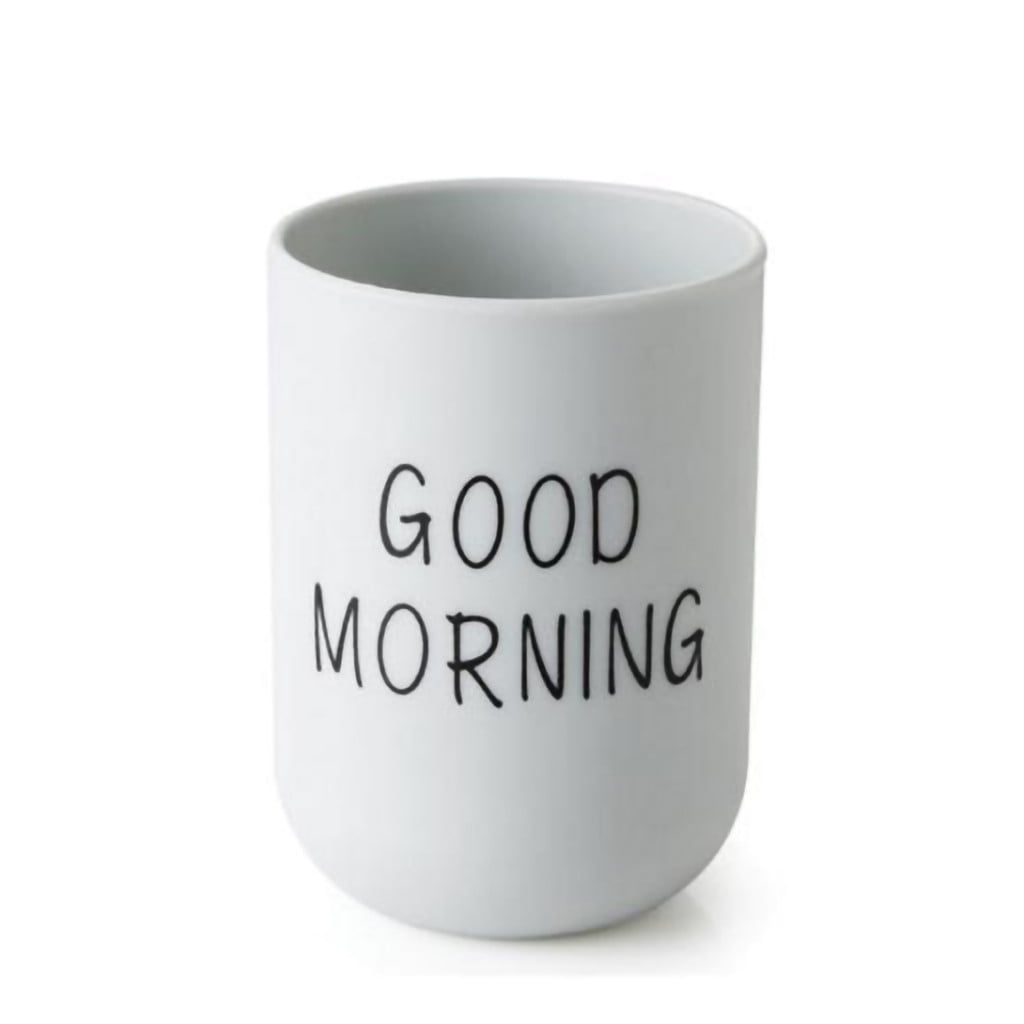 1PC Unbreakable Plastic Bathroom Cup - 12oz Toothbrush Holder & Reusable Tumbler for Drinking & Mouthwash. Easy to Clean, Available in 5 Colors, Good Morning Printed(Black,2.5x2.5x3.5