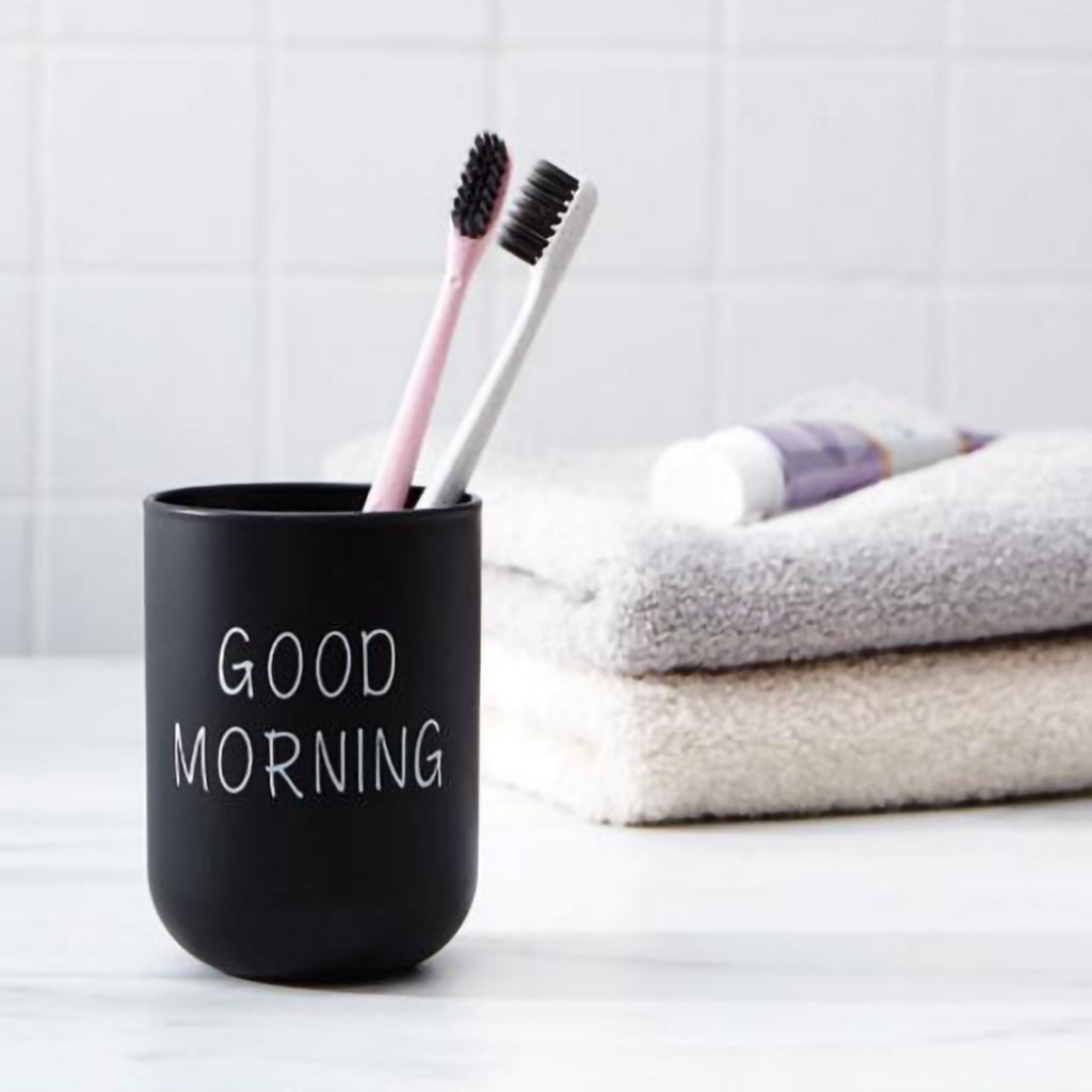 1PC Unbreakable Plastic Bathroom Cup - 12oz Toothbrush Holder & Reusable Tumbler for Drinking & Mouthwash. Easy to Clean, Available in 5 Colors, Good Morning Printed(Black,2.5x2.5x3.5
