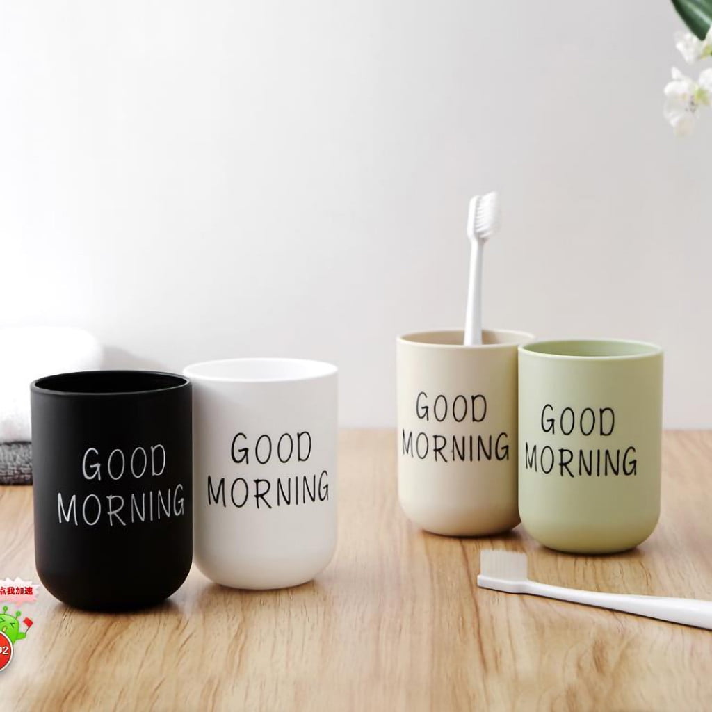 1PC Unbreakable Plastic Bathroom Cup - 12oz Toothbrush Holder & Reusable Tumbler for Drinking & Mouthwash. Easy to Clean, Available in 5 Colors, Good Morning Printed(Black,2.5x2.5x3.5