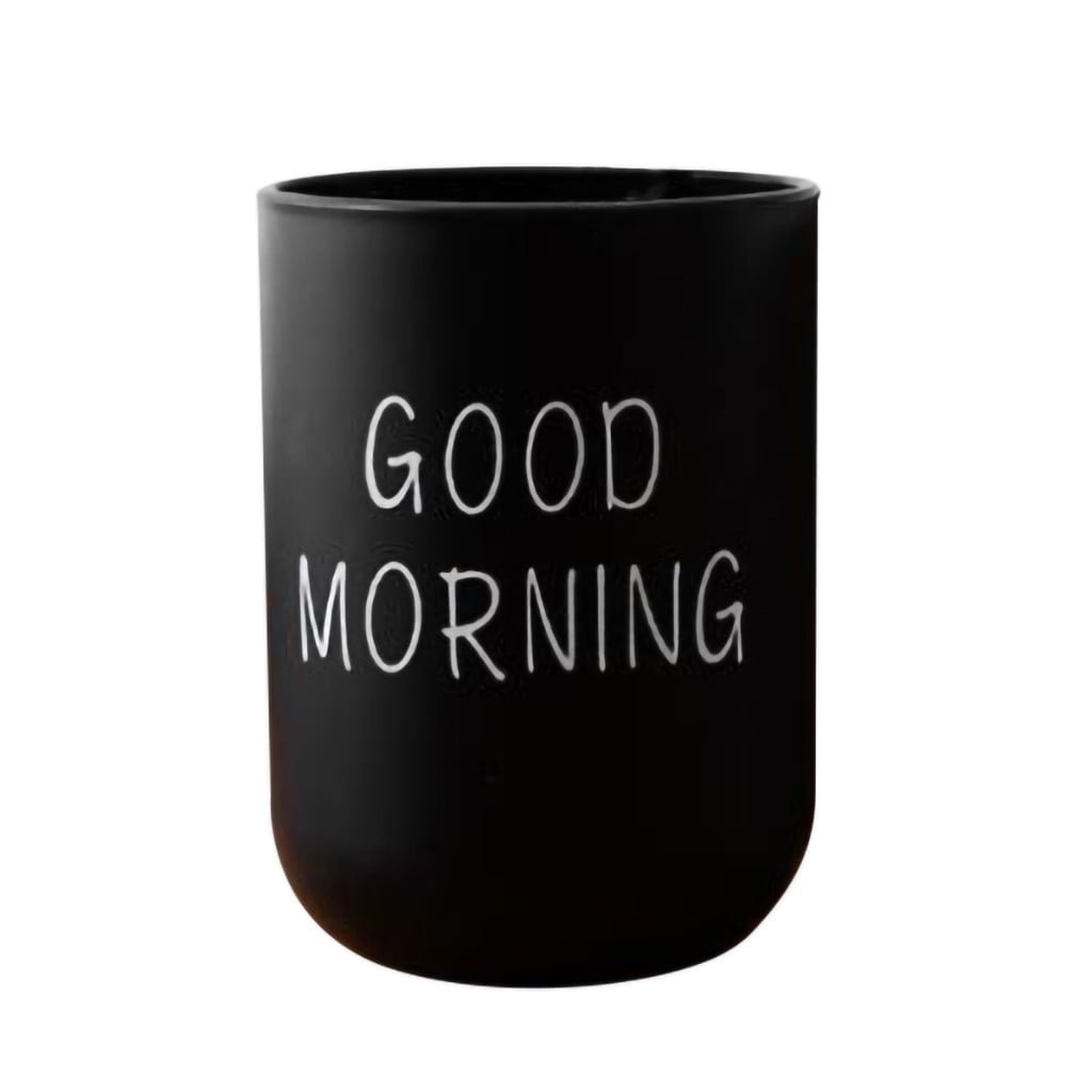 1PC Unbreakable Plastic Bathroom Cup - 12oz Toothbrush Holder & Reusable Tumbler for Drinking & Mouthwash. Easy to Clean, Available in 5 Colors, Good Morning Printed(Black,2.5x2.5x3.5