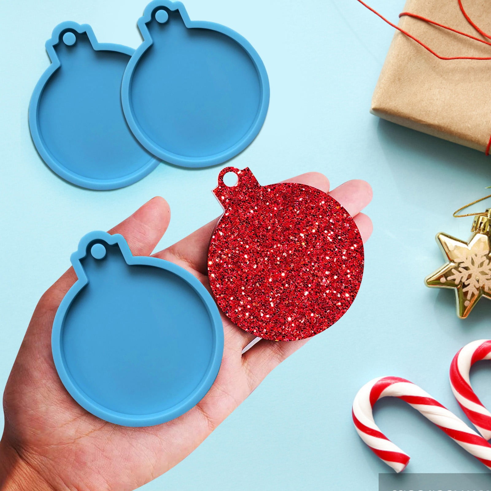 Christmas Ornaments Resin Molds, 1 Pcs Round Resin Ornaments Molds, Epoxy Pendant Casting Molds, Silicone Resin Molds for DIY Crafts Making Holiday Xmas Home Decor, 2.7 Inches blue - Image 1