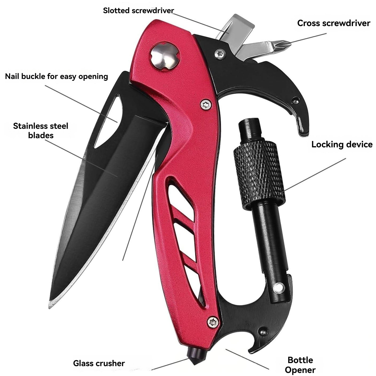 Portable 2-in-1 Multifunctional Folding Pocket Knife,All-in-One Outdoor Portable Multifunctional Red Folding Pocket Tool Multiple Functions Tool with Bottle Opener, Window Breaker Screwdriver,Red Black - Image 4