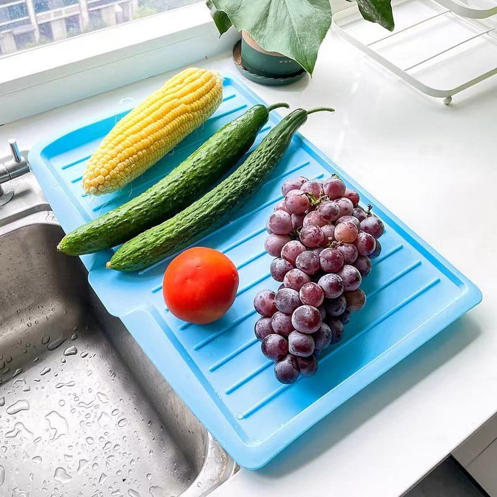 Large Rectangular Kitchen Drying Tray with Drain Holes,Sturdy Plastic for Fruit,Vegetable,and Dish Drainage,Space-Saving Design for Countertop Organization,Keeps Surfaces Dry and Tidy. White - Image 3