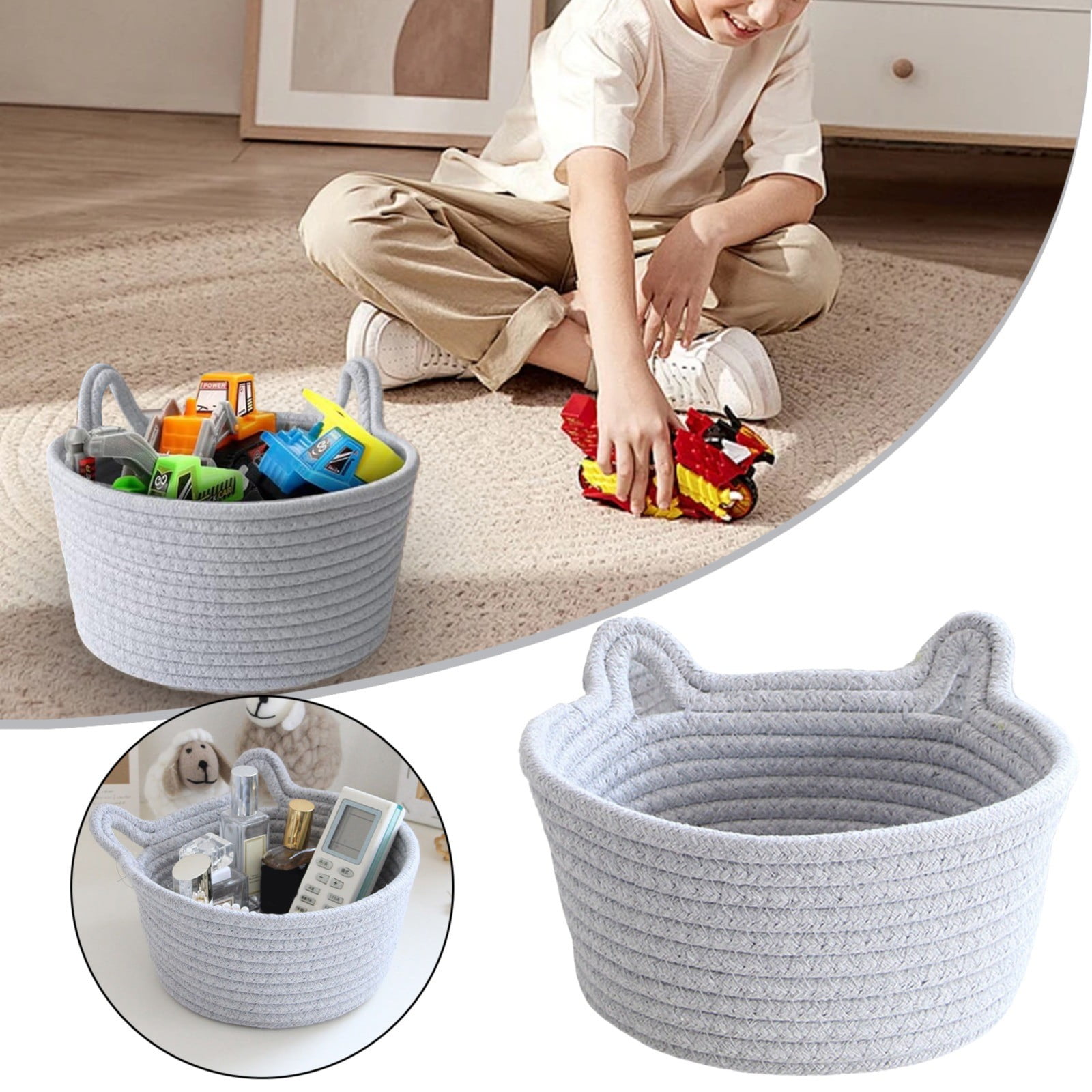 Small Cat Ears Toy Organizer, Woven Cotton Rope Basket, Decorative Nursery Bins & Boxes Gift Basket Empty for Pet Toy Storage, 1 Pcs, 7.8x3.93 7.8