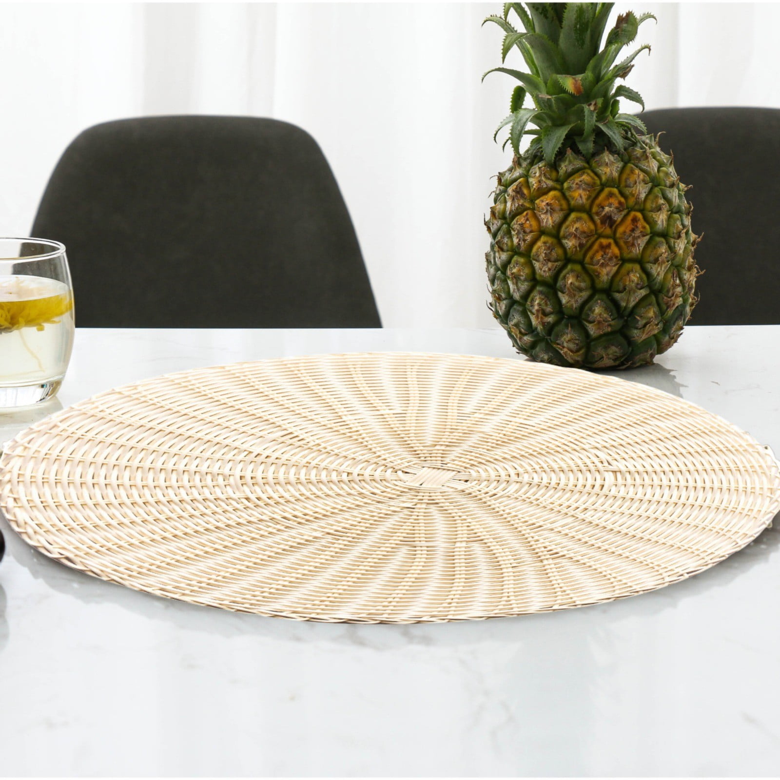14 Inch Round Woven Placemats, Non Slip Heat Resistant Plastic Table Mats,Table Placemat For Household Use,Round Rattan Placemats Braided Cup Coasters For Drink Kitchen Dining Table Decoration,Brown White - Image 2