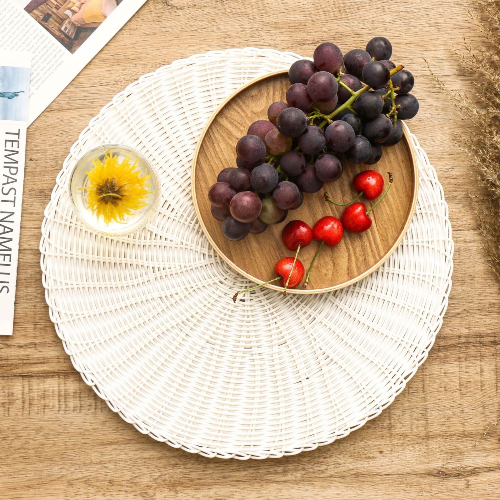 14 Inch Round Woven Placemats, Non Slip Heat Resistant Plastic Table Mats,Table Placemat For Household Use,Round Rattan Placemats Braided Cup Coasters For Drink Kitchen Dining Table Decoration,Brown White - Image 7