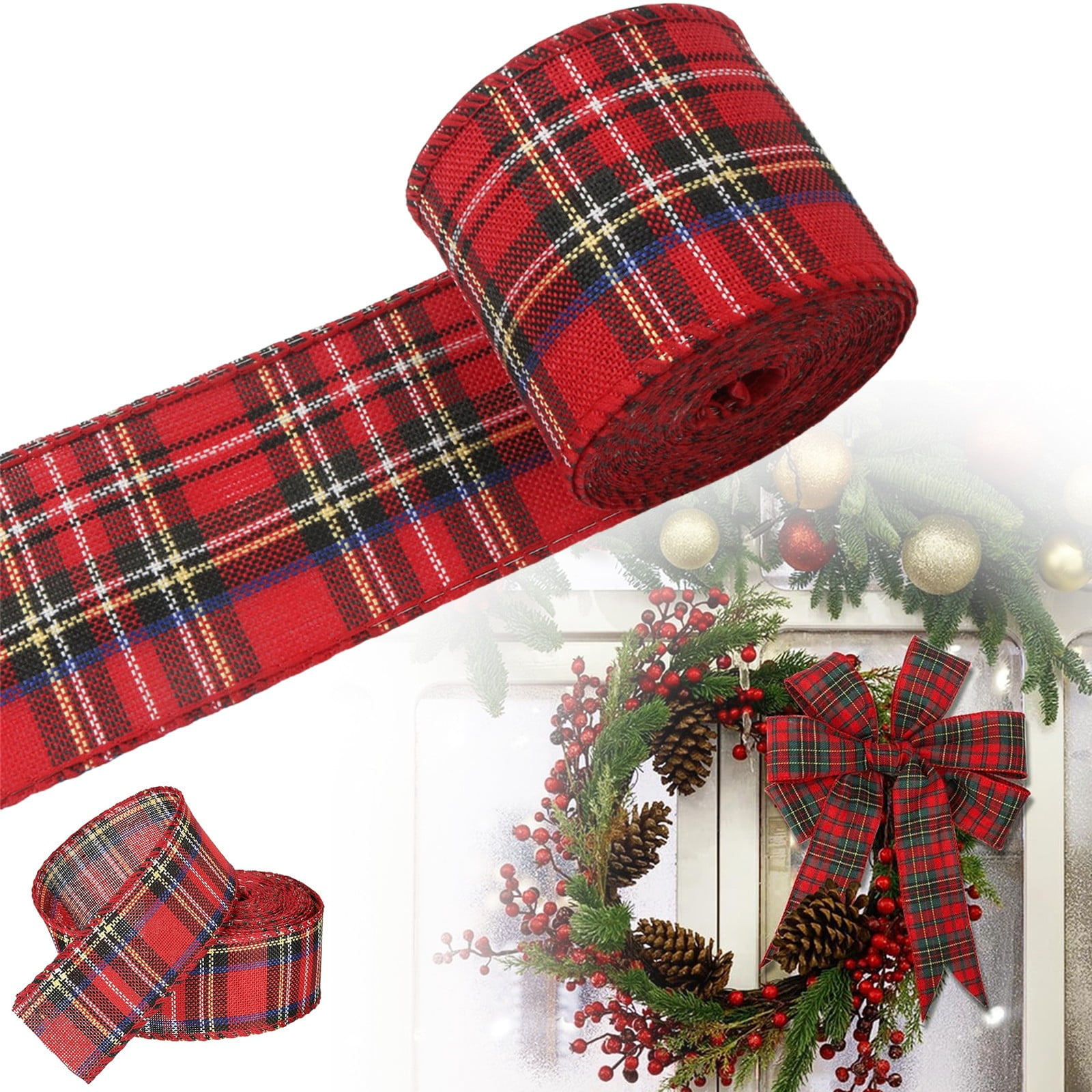 Christmas Red Plaid Ribbon,Wired Edge Wrapping Ribbons,Plaid Christmas Ribbon,Christmas Decorations,Tartan Decor For Gift Wrapping Xmas Crafts Wreath Diy Making Supplies Bow Decorations,Red Z_2PCSRed - Image 8