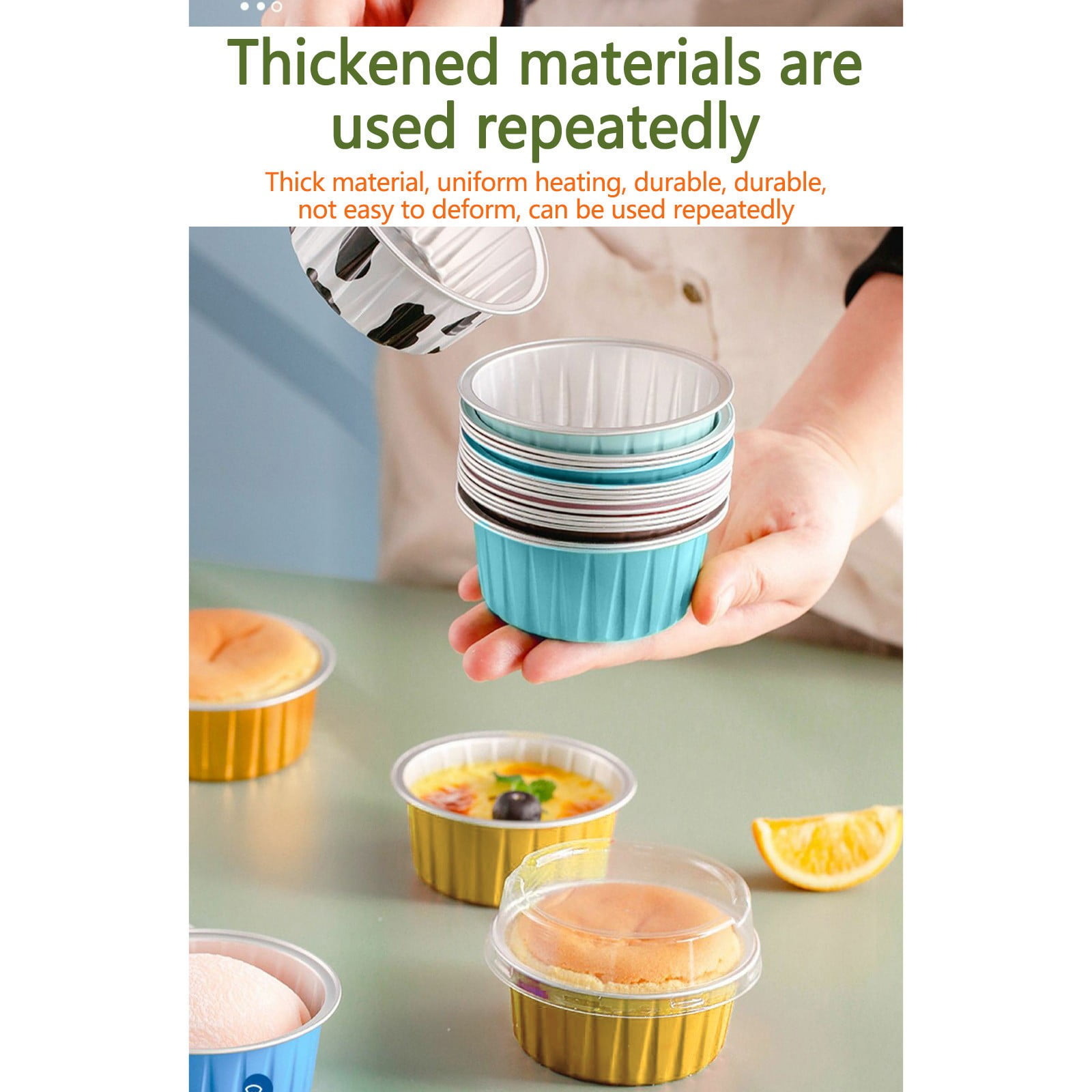Aluminum Foil Baking Cups with Lids,20pcs Round Pudding and Cake Molds,Heat-Resistant Up to 250°C,Reusable for Oven,Microwave,and BBQ,Ideal for Parties,Catering,and Home Baking White - Image 6