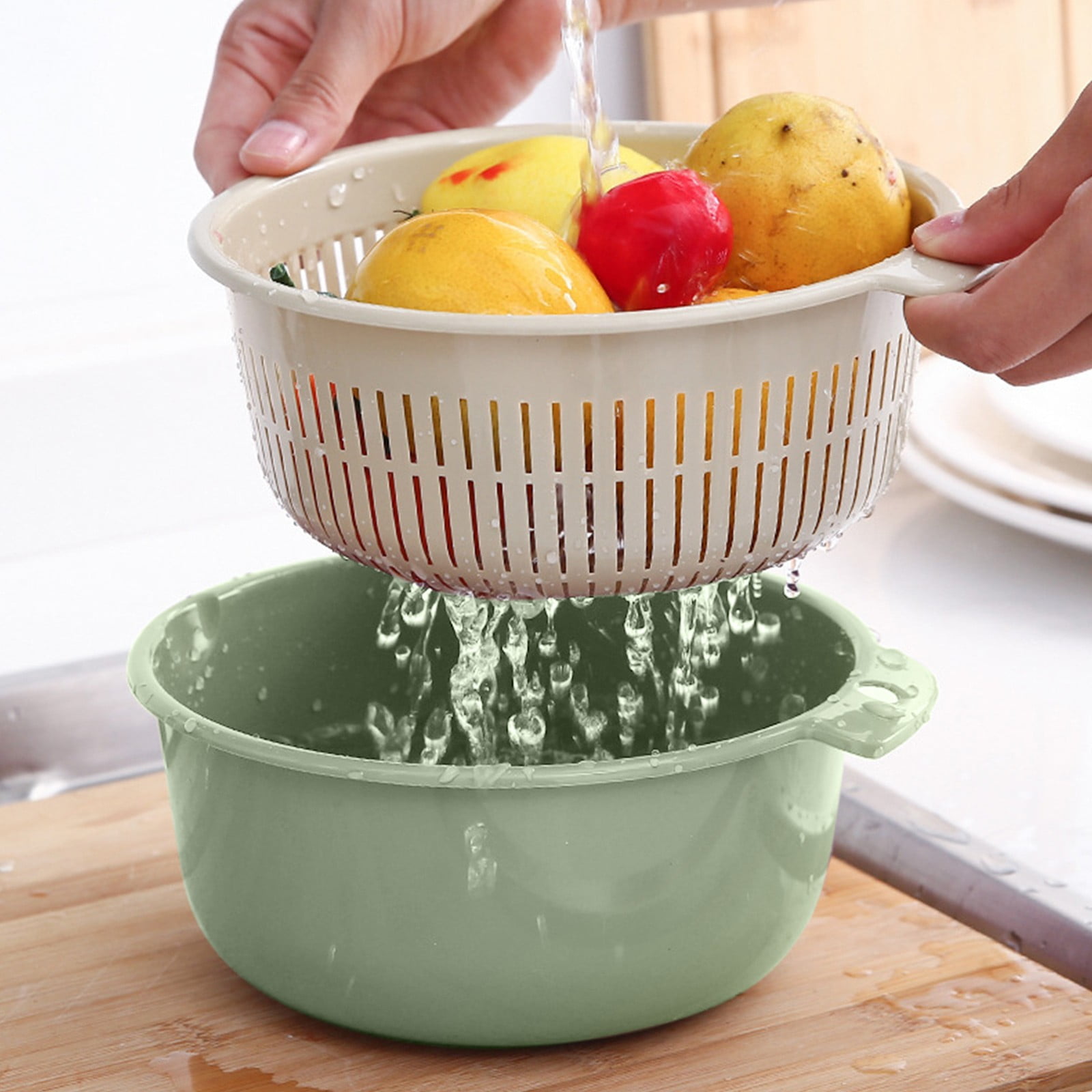2 in 1 Kitchen Strainer Colander Bowls Set, Thickened Plastic Detachable Double Layer Drainage Basket Fruit Colander Draining Bowl Vegetable Washing Basket for Cleaning Washing, 7.87x3.54 7.87
