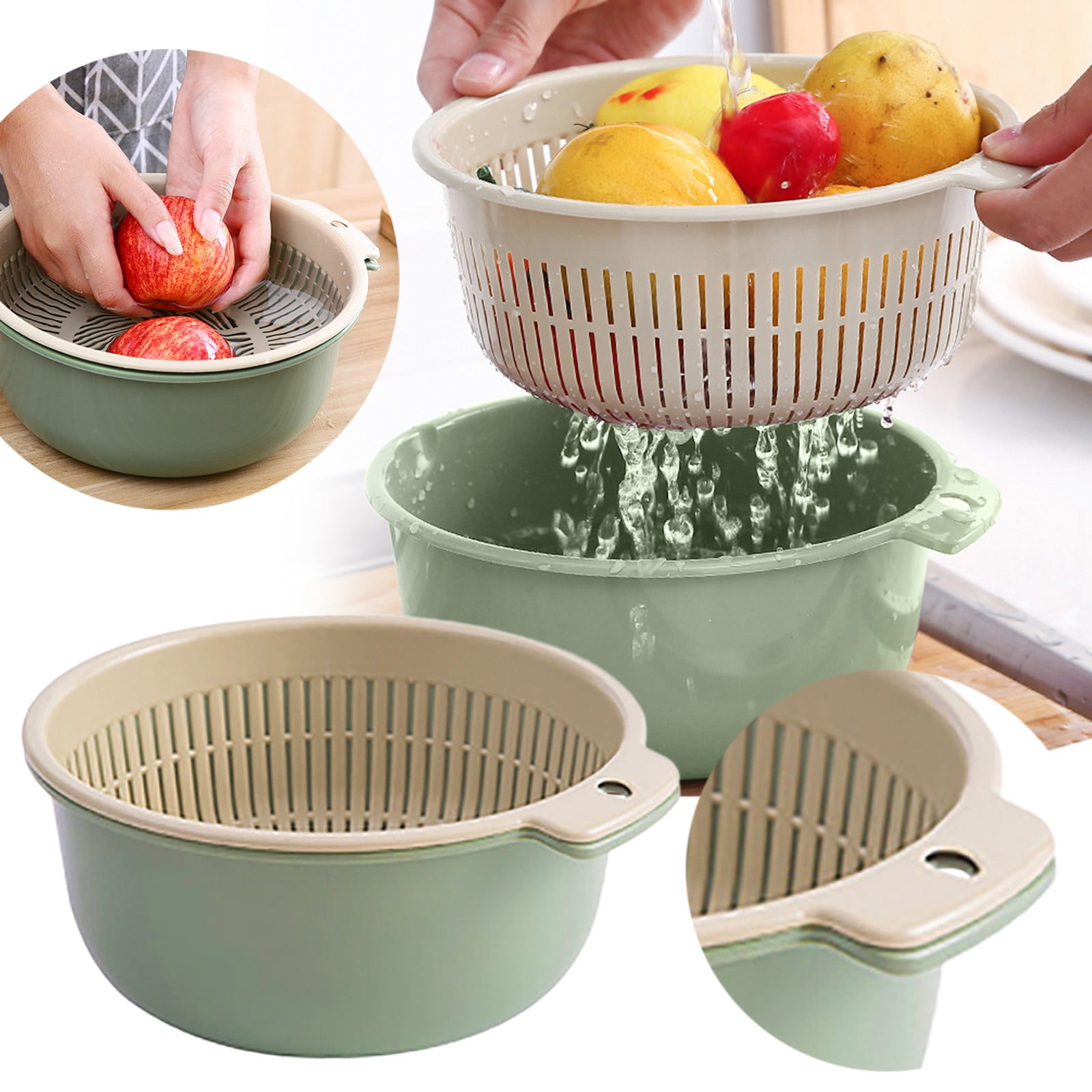 2 in 1 Kitchen Strainer Colander Bowls Set, Thickened Plastic Detachable Double Layer Drainage Basket Fruit Colander Draining Bowl Vegetable Washing Basket for Cleaning Washing, 7.87x3.54 7.87