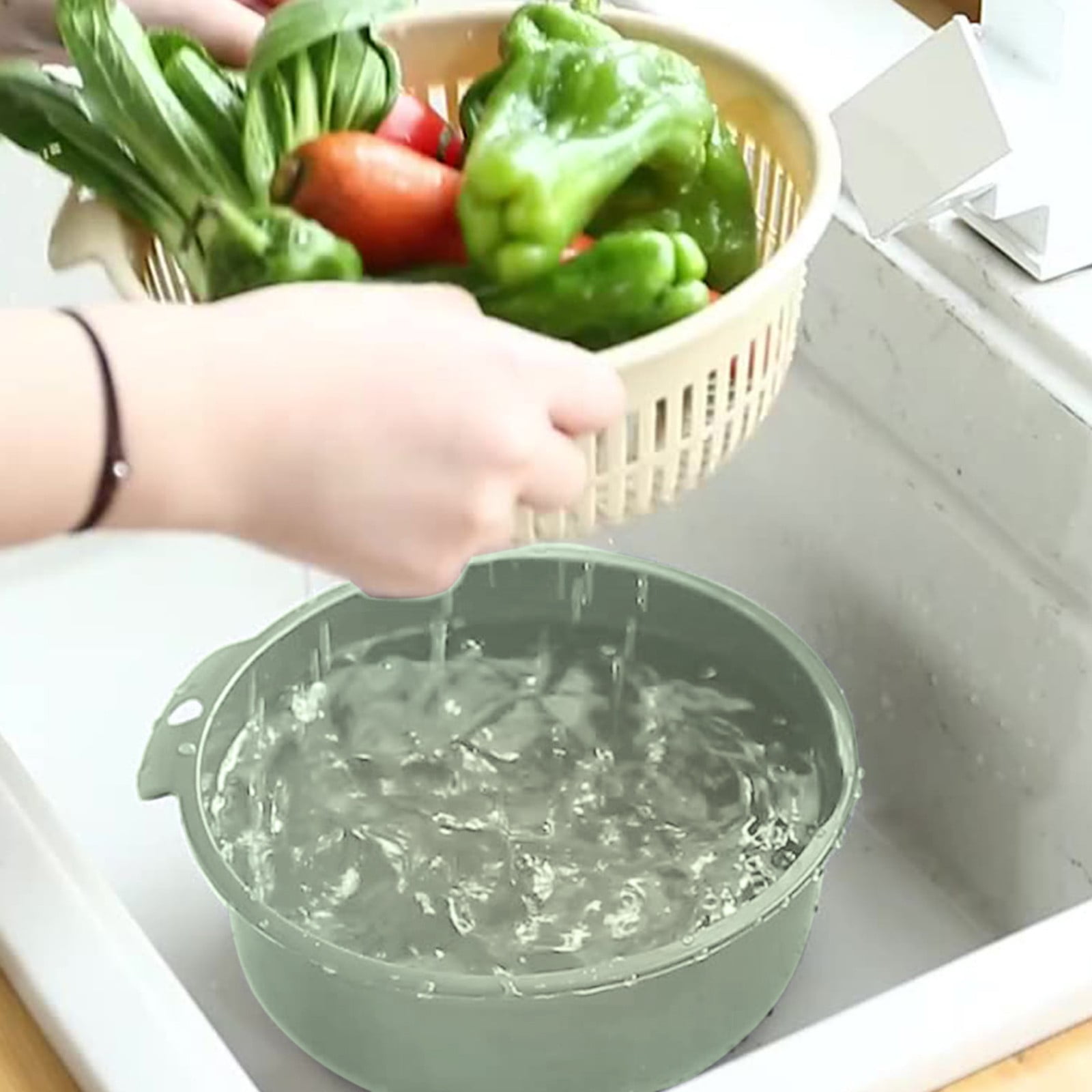 2 in 1 Kitchen Strainer Colander Bowls Set, Thickened Plastic Detachable Double Layer Drainage Basket Fruit Colander Draining Bowl Vegetable Washing Basket for Cleaning Washing, 7.87x3.54 7.87