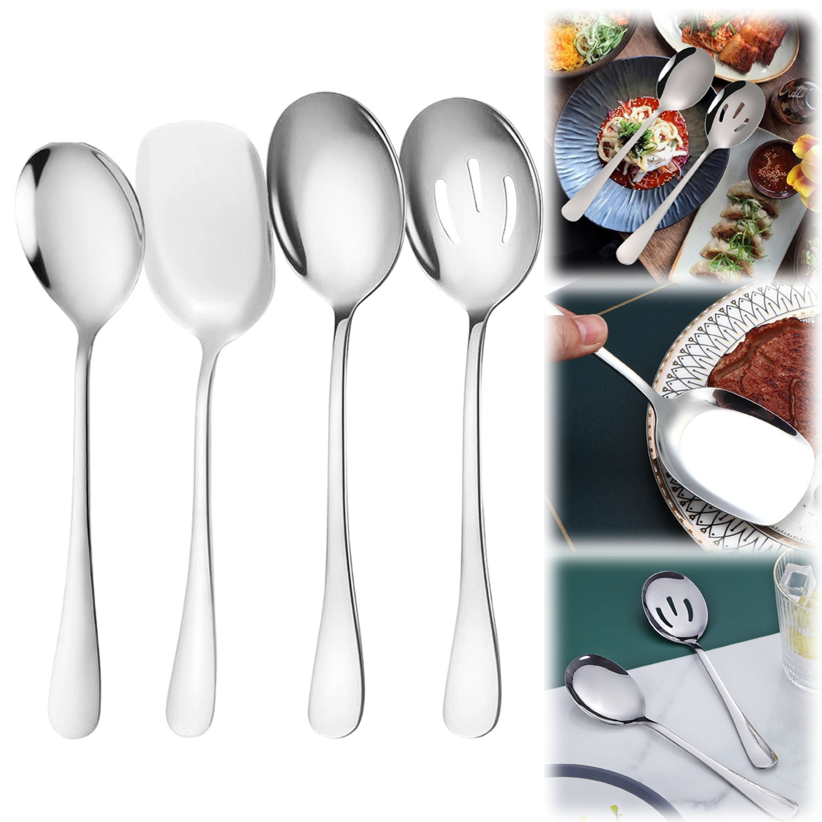 Serving Spoon Set, Stainless Steel Buffet Serving Spoons Set, Includes 3 Serving Spoons and 1 Slotted Spoons, Large Cutlery for Catering Buffet, Mirror Polished, Dishwasher Safe, Set of 4 Multisize Silver*4 - Image 5