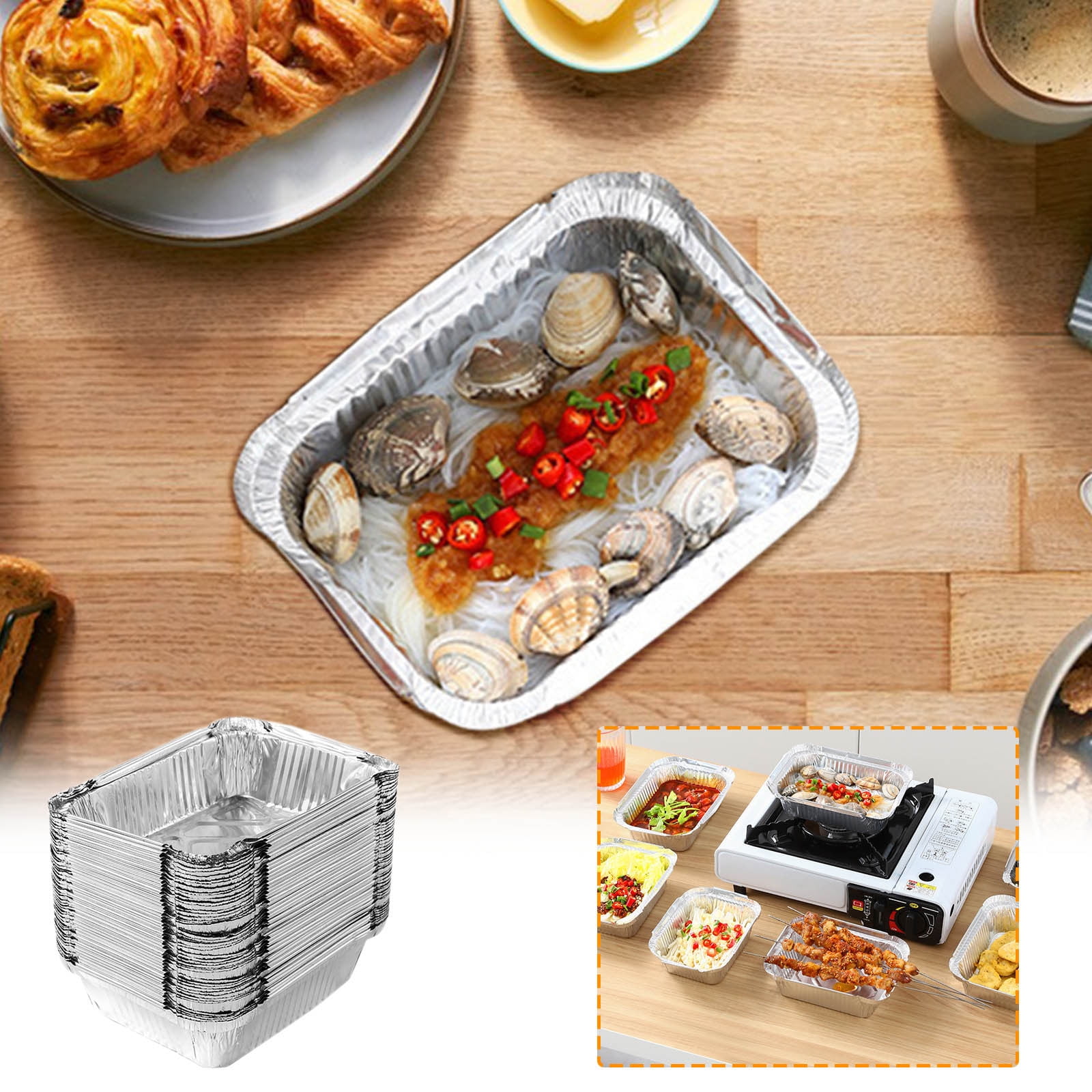 50 Pcs Disposable Aluminum Baking Pans,Rectangular Foil Trays for Grilling and Baking,Oven-Safe and Eco-Friendly,Perfect for Brownies,Lasagna,or Outdoor BBQ,No Cleanup Needed. Silver - Image 4