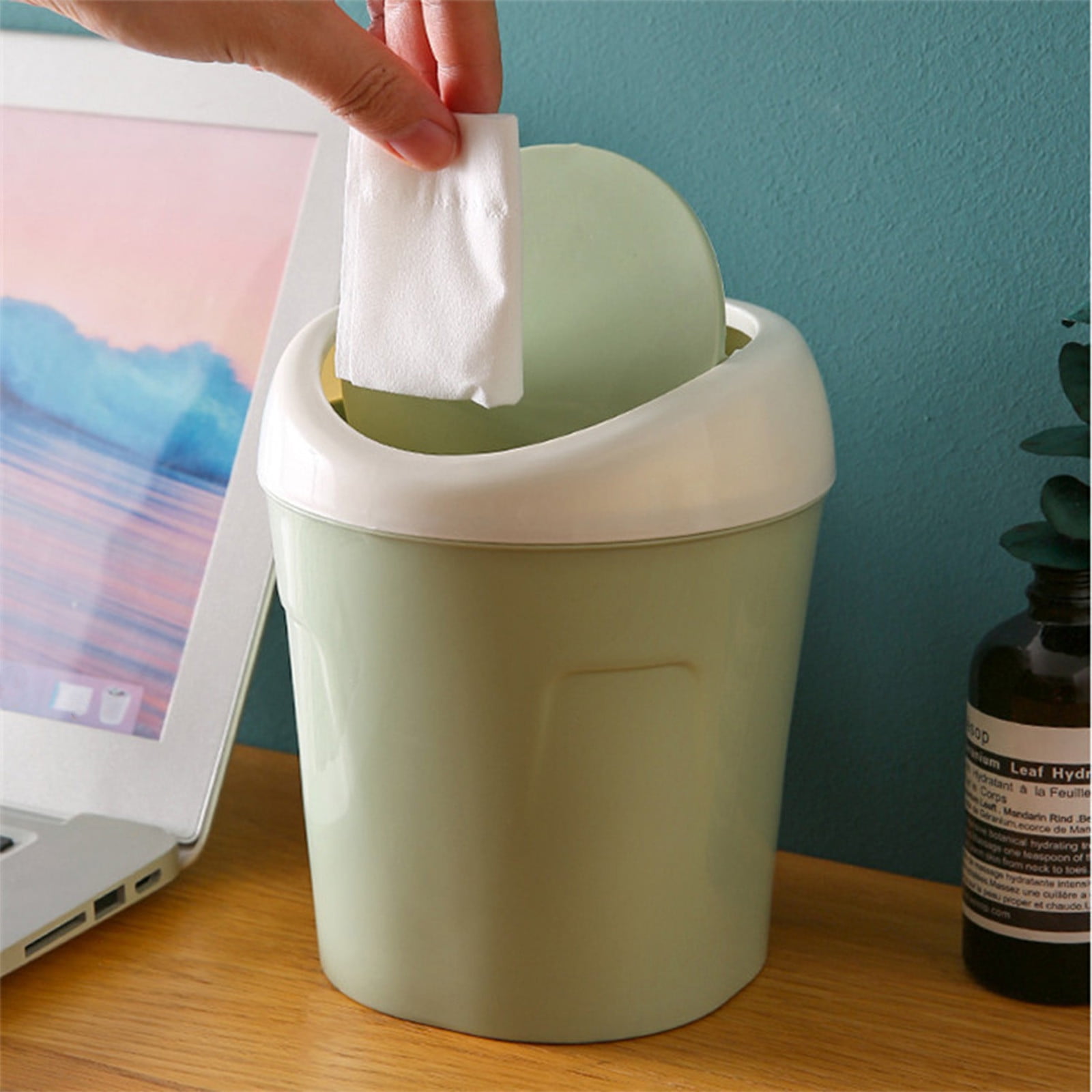 Mini Desk Trash Can with Swing Lid,Tiny Countertop Garbage Bin Portable Waste Basket for Desktop Home Office&Desktop Garbage Can Trash Waste Bin Basket Dustbin Container Home Car for Green - Image 1