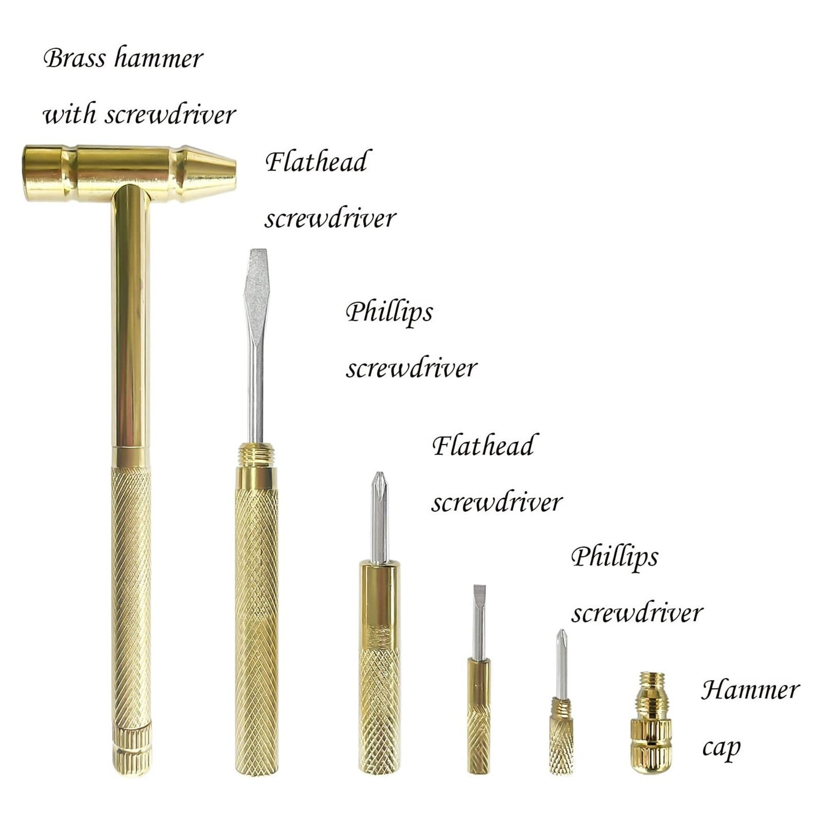 6 in 1 Metal Mini Hammer,Portable Multitool Hammers,Metal Hammer and Screwdriver Multitool Set with Anti-Slip Grip Handle Slotted/Flat Head Phillips Screwdriver and Hammer(Gold) Gold - Image 4