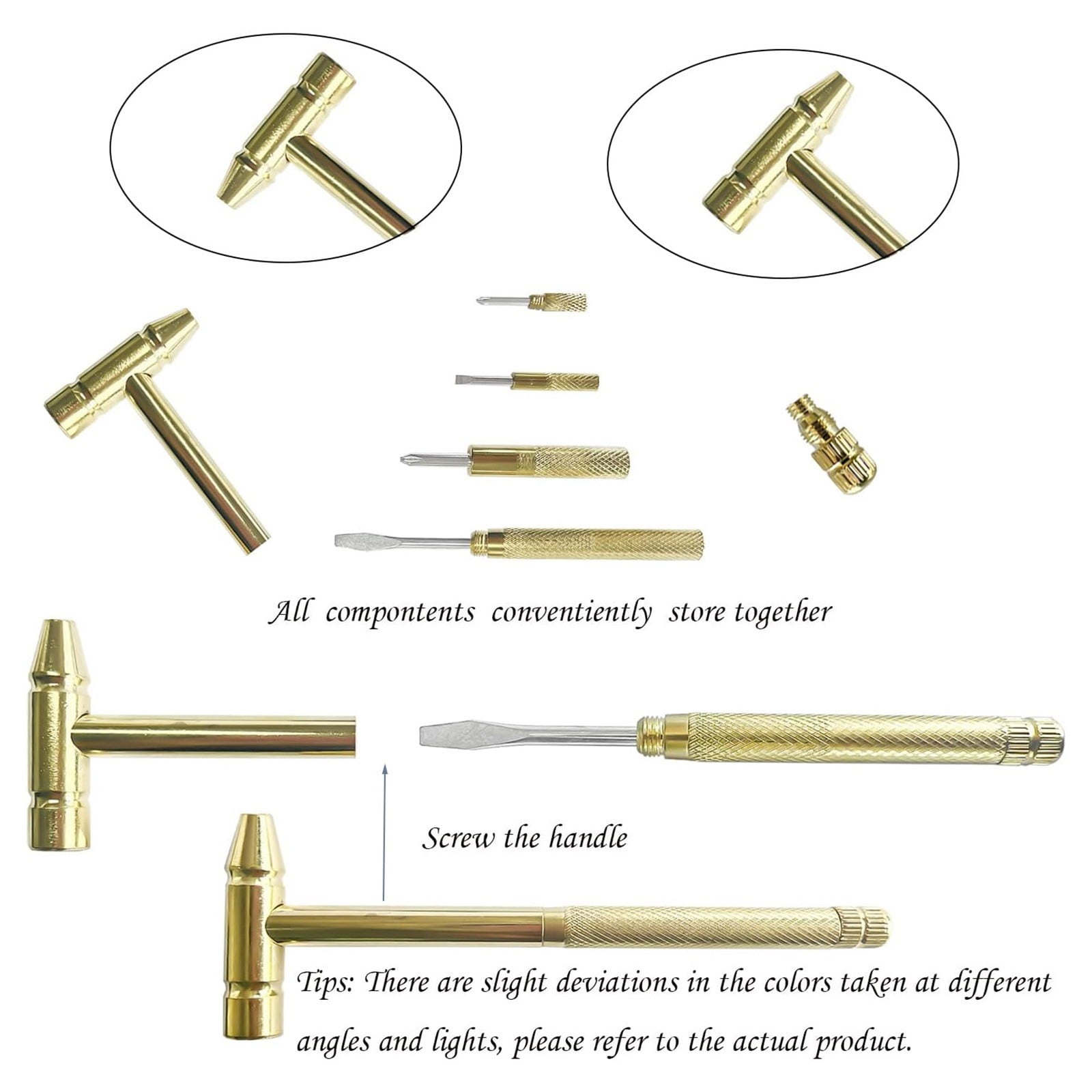 6 in 1 Metal Mini Hammer,Portable Multitool Hammers,Metal Hammer and Screwdriver Multitool Set with Anti-Slip Grip Handle Slotted/Flat Head Phillips Screwdriver and Hammer(Gold) Gold(2pc) - Image 5