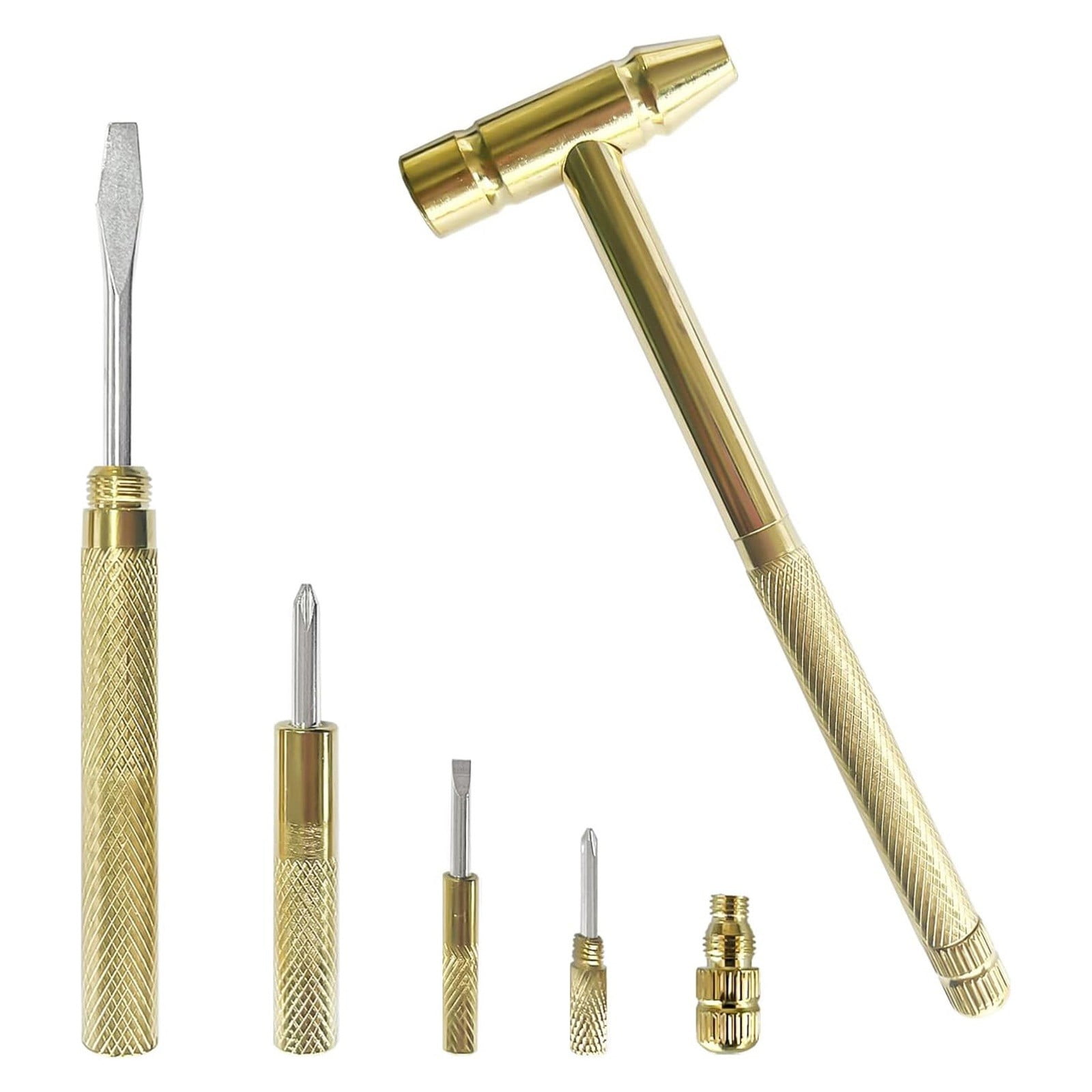 6 in 1 Metal Mini Hammer,Portable Multitool Hammers,Metal Hammer and Screwdriver Multitool Set with Anti-Slip Grip Handle Slotted/Flat Head Phillips Screwdriver and Hammer(Gold) Gold(2pc) - Image 6