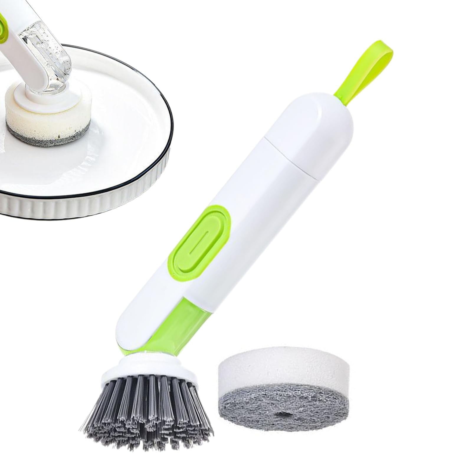 Handheld Press Liquid Dispensing Cleaning Brush with 2 Replaceable Heads, Multi‑Purpose Kitchen Dish Brush Pot Scrubber for Sink Tile Bathroom Household Cleaning - Image 2