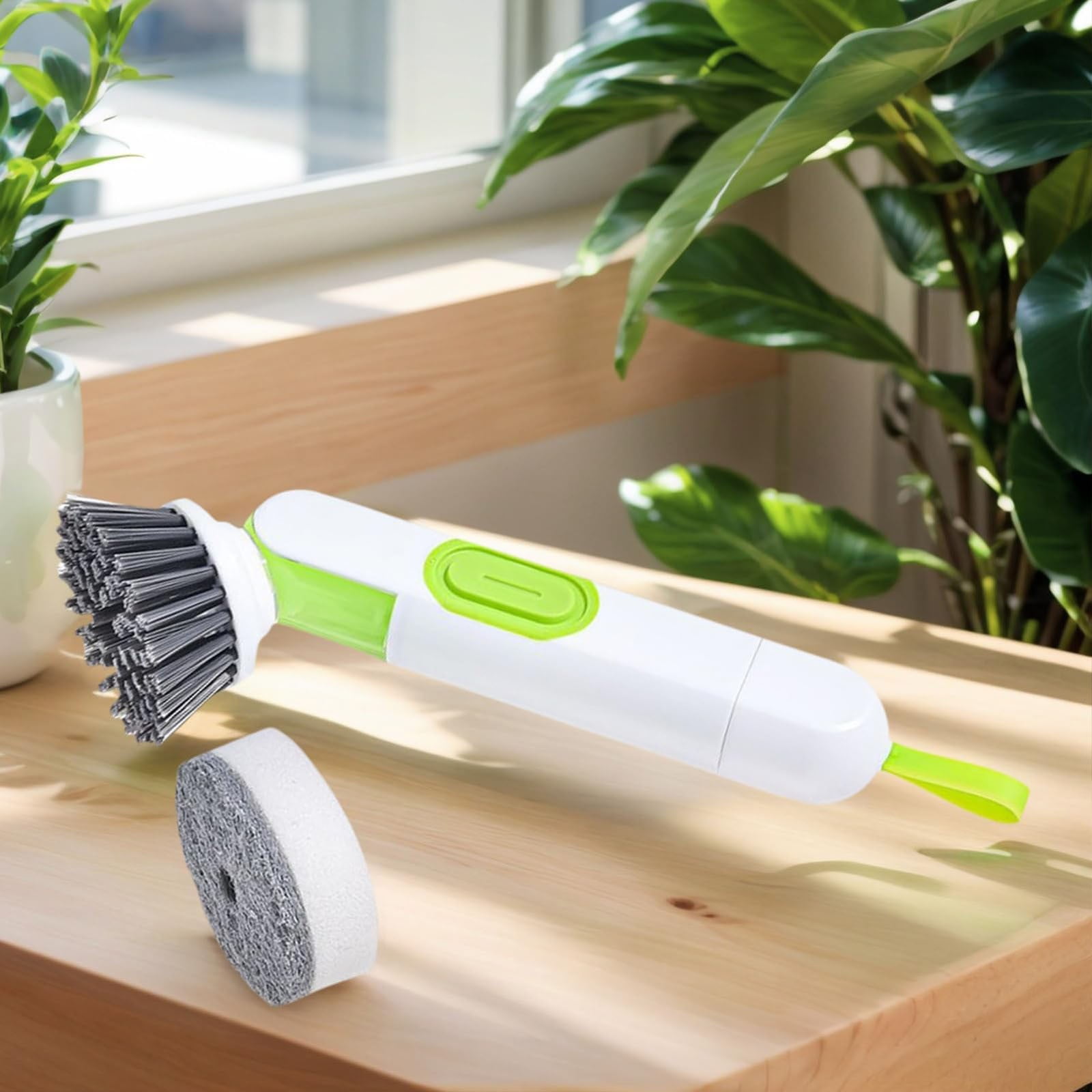 Handheld Press Liquid Dispensing Cleaning Brush with 2 Replaceable Heads, Multi‑Purpose Kitchen Dish Brush Pot Scrubber for Sink Tile Bathroom Household Cleaning - Image 5