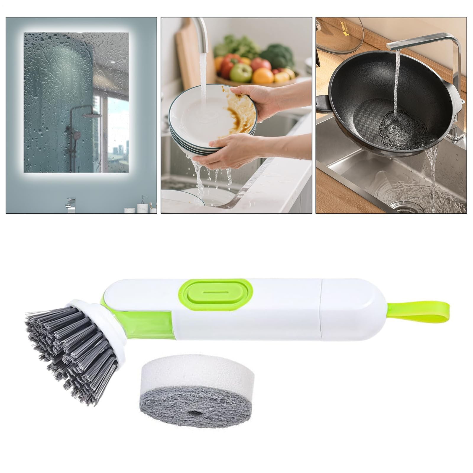 Handheld Press Liquid Dispensing Cleaning Brush with 2 Replaceable Heads, Multi‑Purpose Kitchen Dish Brush Pot Scrubber for Sink Tile Bathroom Household Cleaning - Image 6