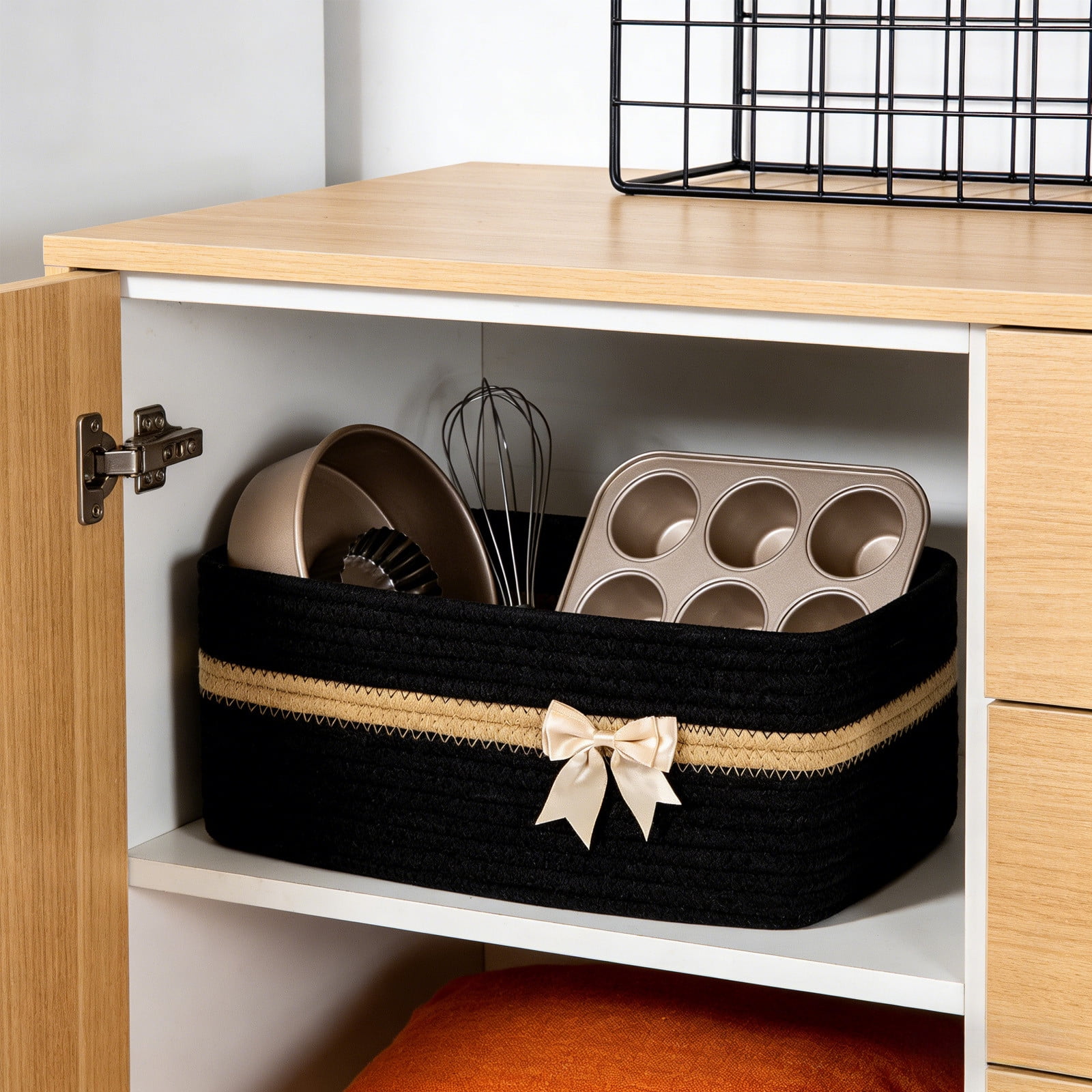 Large Woven Storage Basket, Holiday Gift Storage Basket with Handles for Living Room Shelves, Bow Basket for Empty with Gift Bags and Ribbons for Pet Toy Bin, Packaging Woven Storage Bin Black - Image 6
