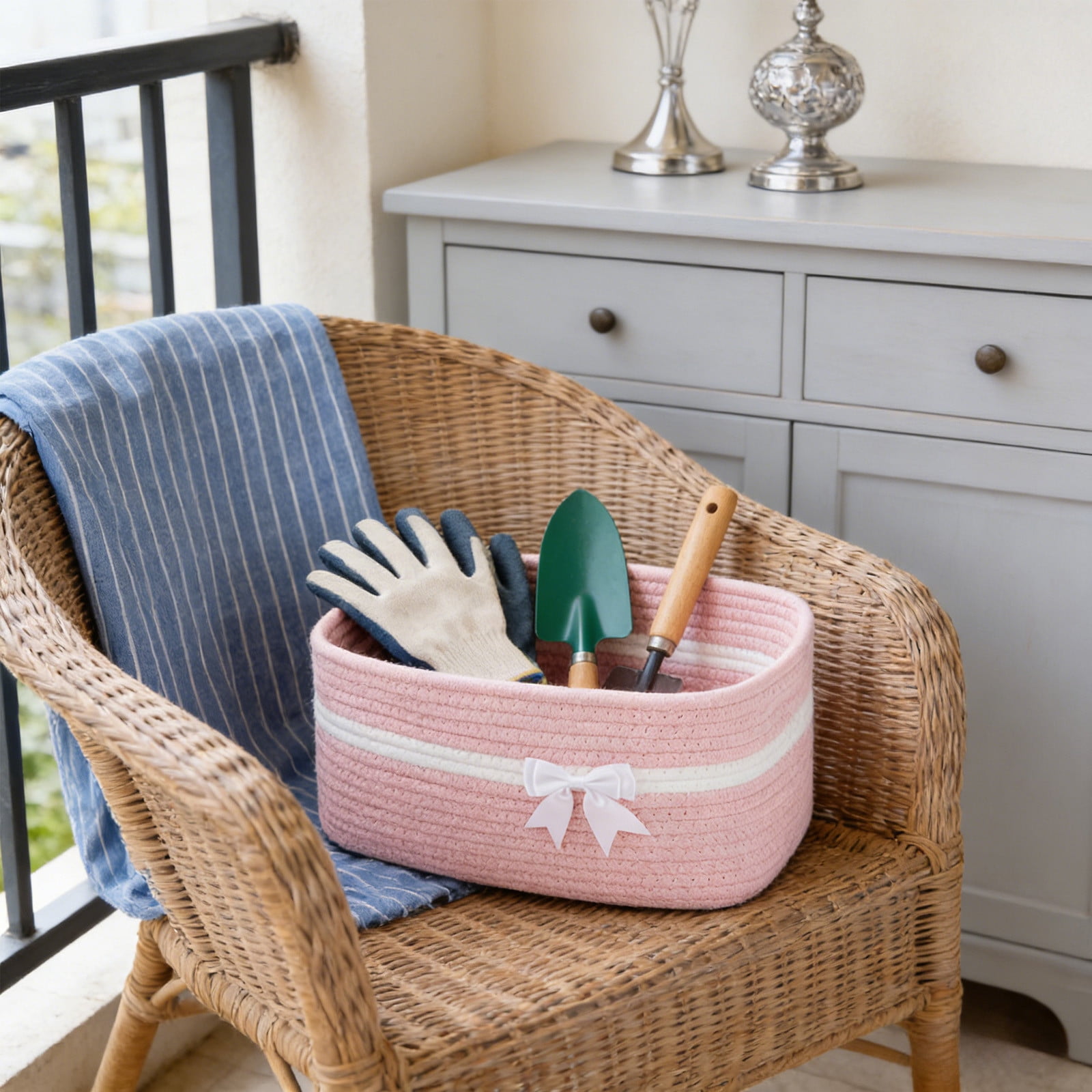 Large Woven Storage Basket, Holiday Gift Storage Basket with Handles for Living Room Shelves, Bow Basket for Empty with Gift Bags and Ribbons for Pet Toy Bin, Packaging Woven Storage Bin Pink - Image 4