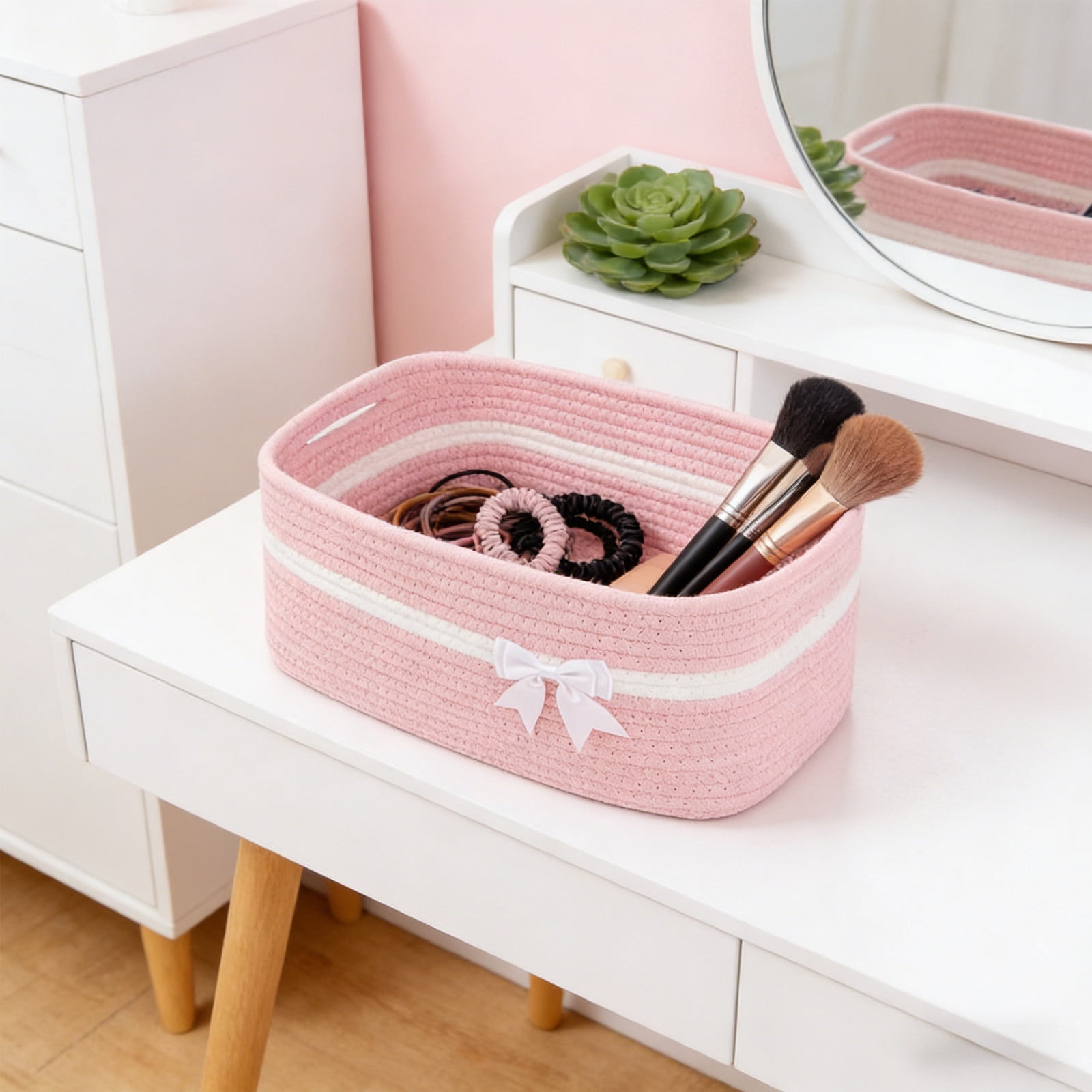 Large Woven Storage Basket, Holiday Gift Storage Basket with Handles for Living Room Shelves, Bow Basket for Empty with Gift Bags and Ribbons for Pet Toy Bin, Packaging Woven Storage Bin Pink - Image 5