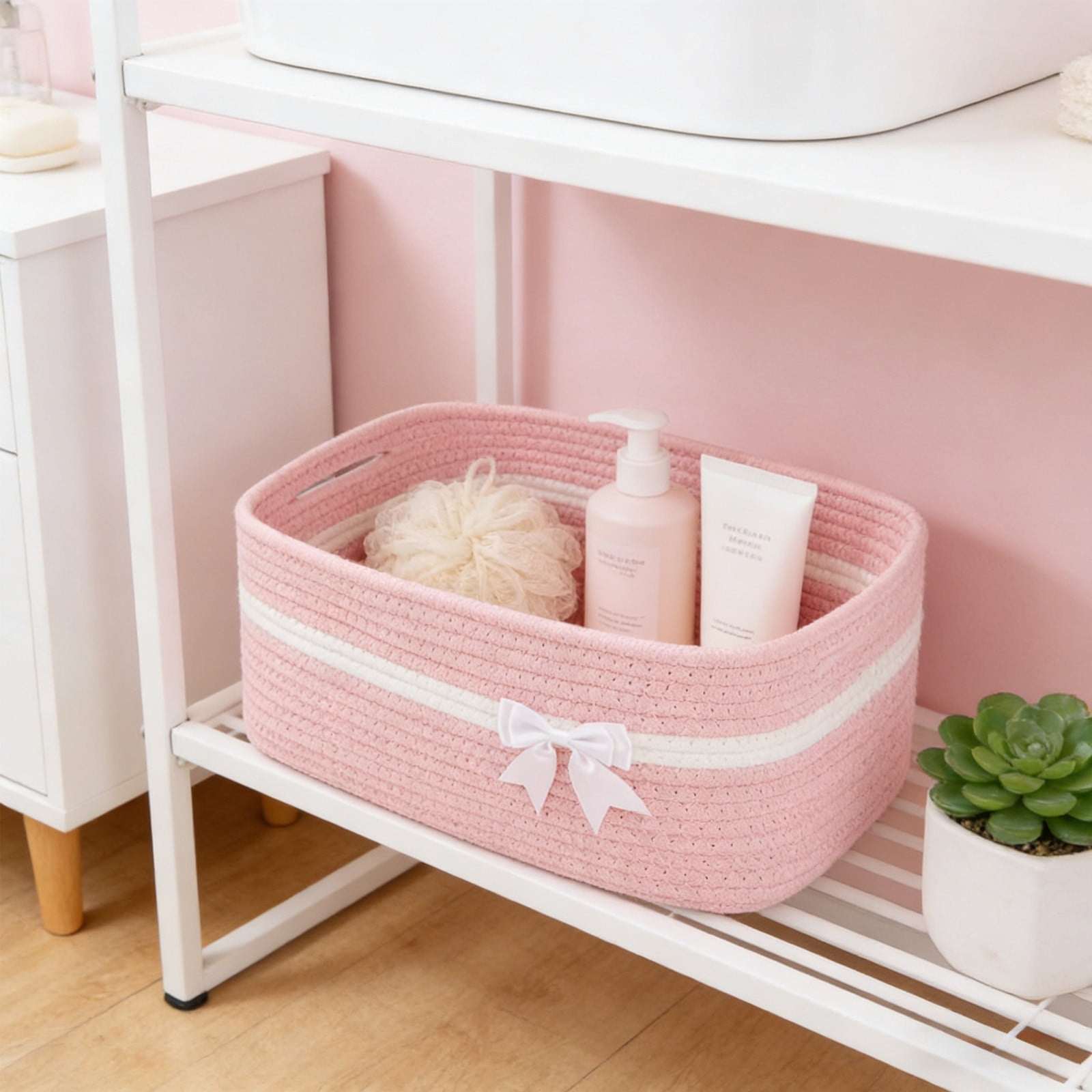 Large Woven Storage Basket, Holiday Gift Storage Basket with Handles for Living Room Shelves, Bow Basket for Empty with Gift Bags and Ribbons for Pet Toy Bin, Packaging Woven Storage Bin Pink - Image 6