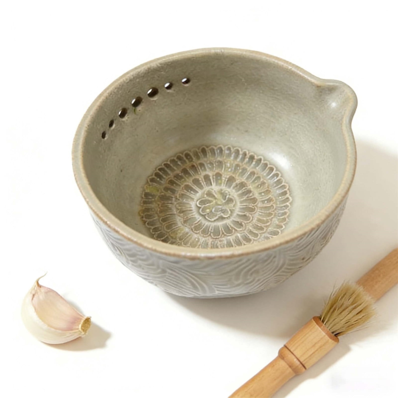 2-in-1 Stoneware Kitchen Grater Plate Tools, Handmade Garlic Grater & Herb Bowl, Efficient Stoneware Herb Stripping Tool,5 Hole Sizes,with Drainage Port, Handmade Garlic Shredder Bowl - Image 1